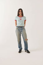 Women's Lucky In Love Baby T-Shirt in the color Sea Grass/Adrenaline Red - Women's Front View