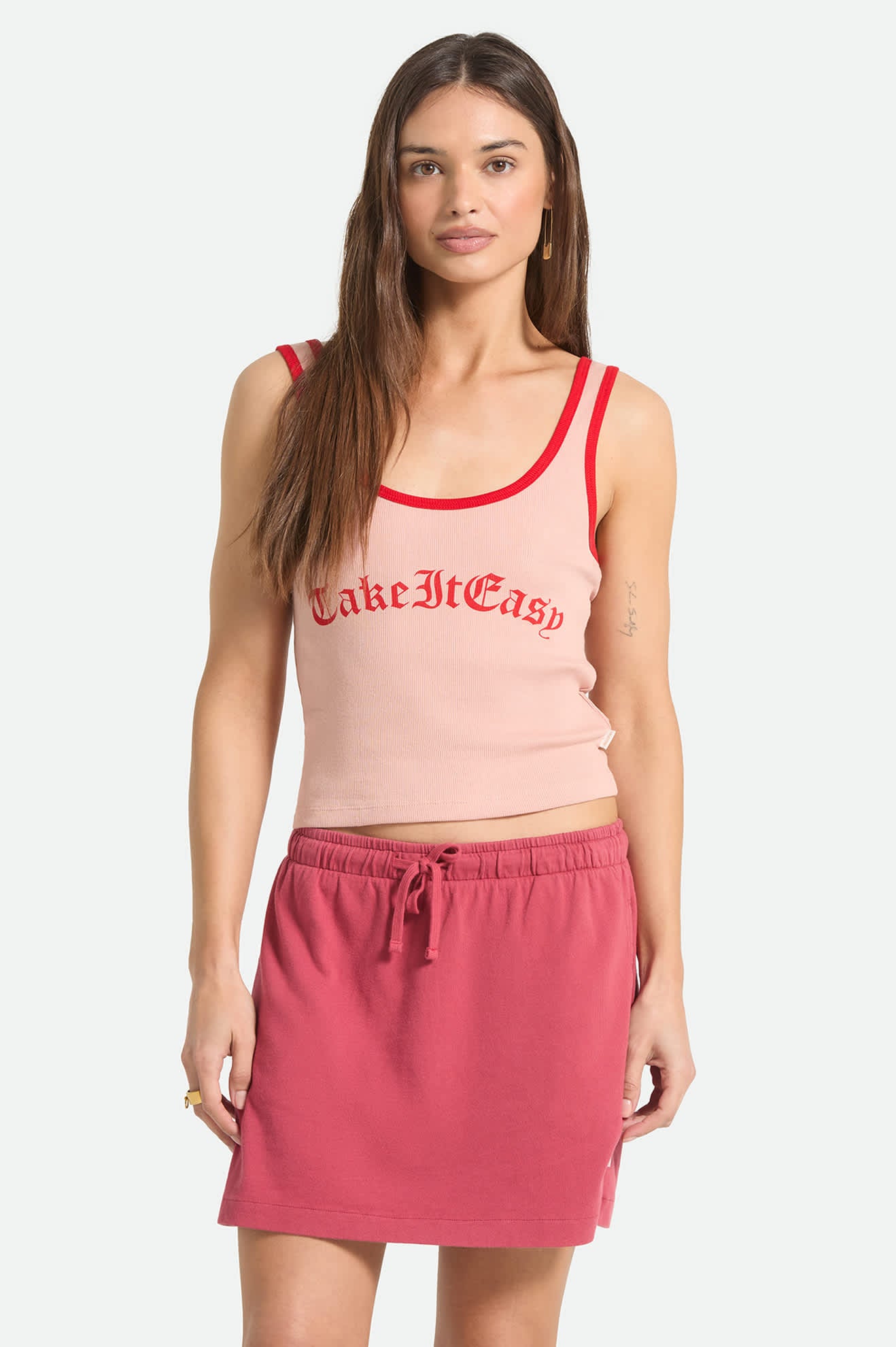 Women's Take It Easy Ringer A-Tank in the color Silver Pink - Women's Front View