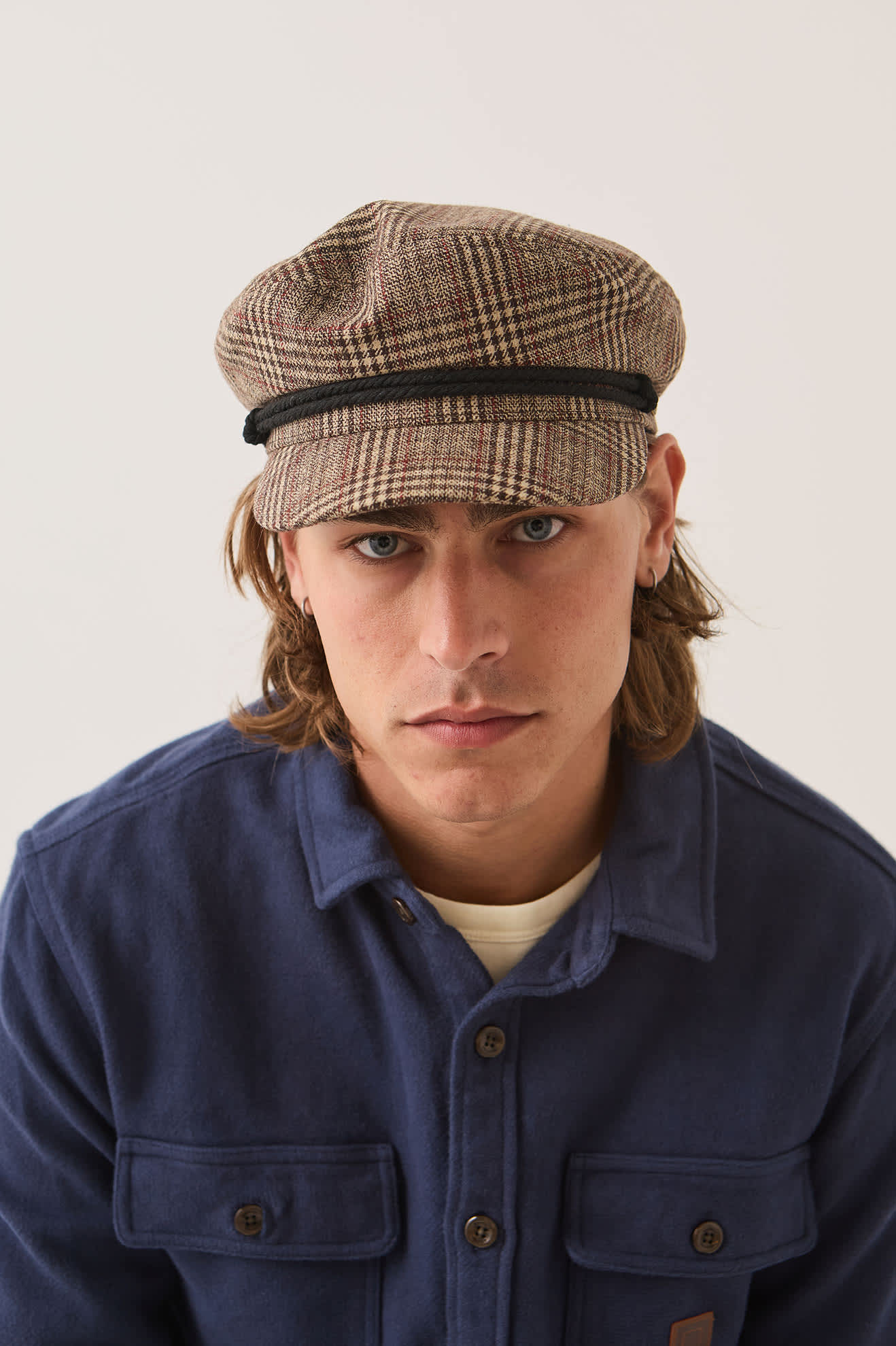 Unisex Fiddler Fisherman Cap in the color Brown/Tan/Red Plaid - Men's Front View