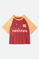 Women's Swallow Sky Cropped Raglan in the color Robust Red/Peach Cobbler - Front Product View