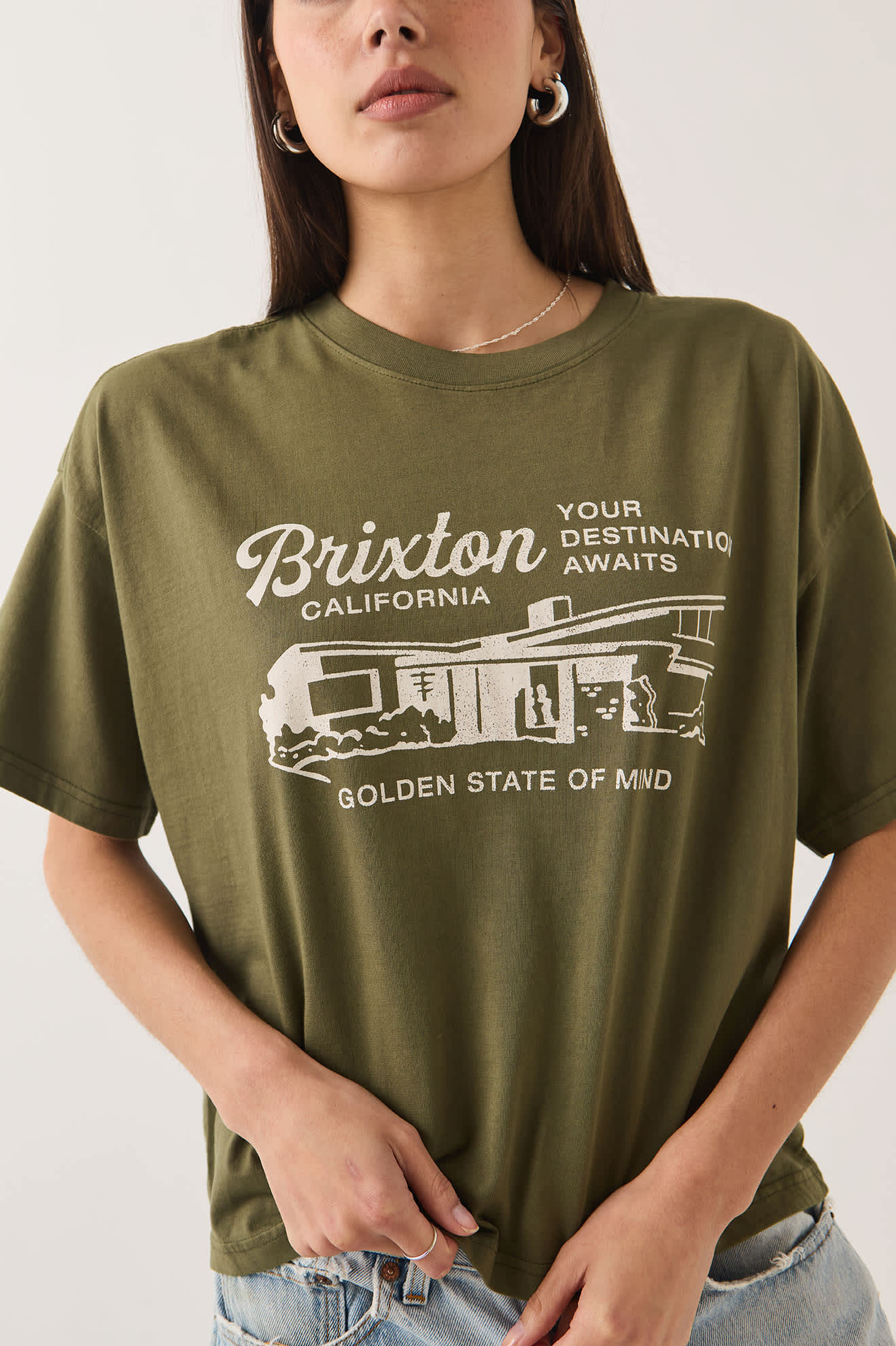 Women's Your Destination Awaits Boxy Crop Top in the color Dark Olive - Additional Fit image
