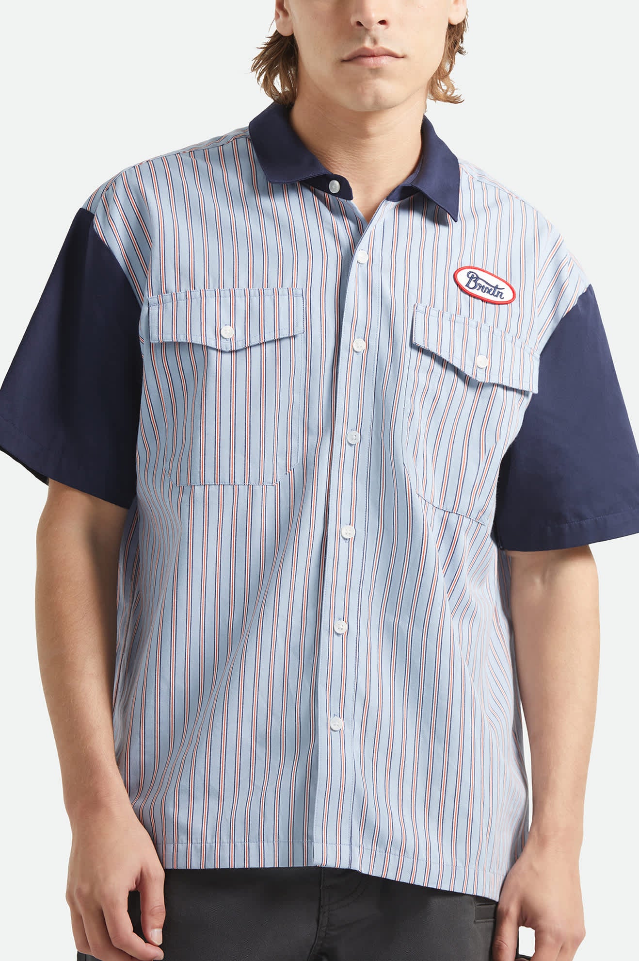 Men's Builders Olson Short Sleeve Shirt in the color Blue Aura Stripe - Additional Fit image