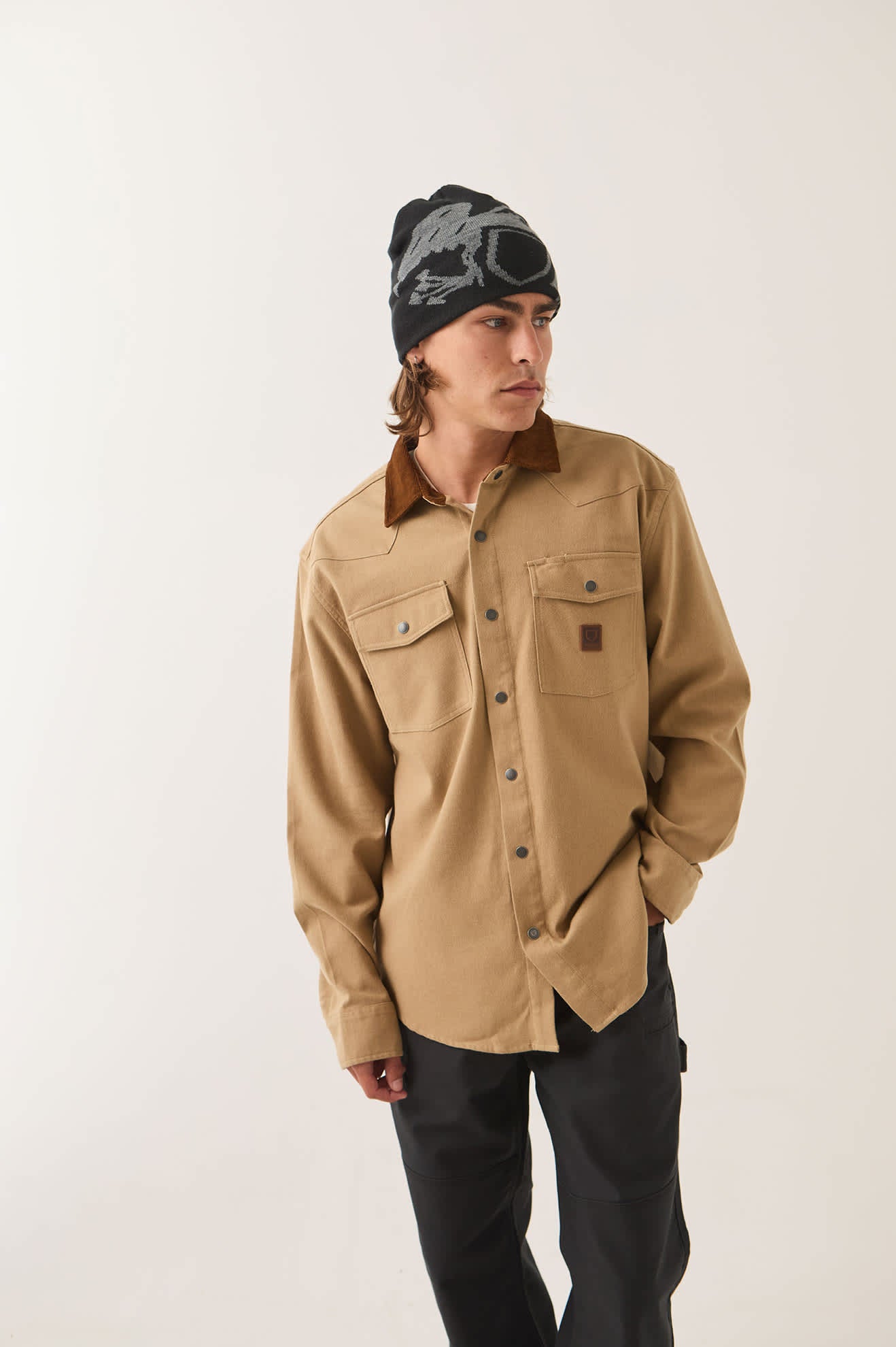 Men's Bowery Builders Ranch Performance Flannel in the color Khaki/Brown - Men's Front View