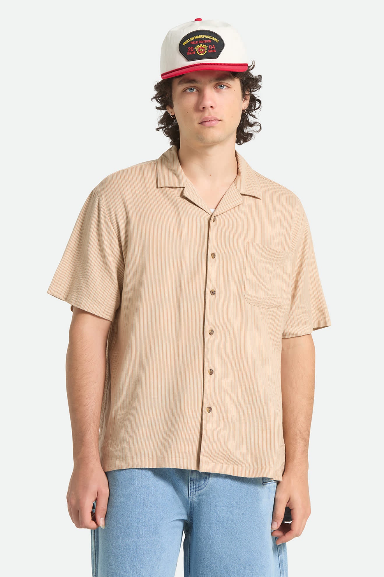 Men's Bunker Slub Short Sleeve Shirt in the color Italian Clay Stripe - Men's Front View