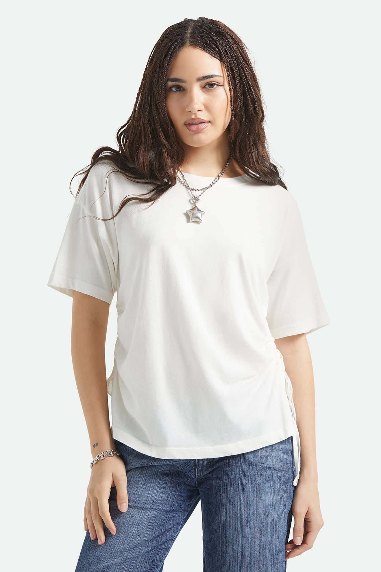 Women's Carefree Organic Garment Dye Cinch T-Shirt in the color Off White - Women's Front View