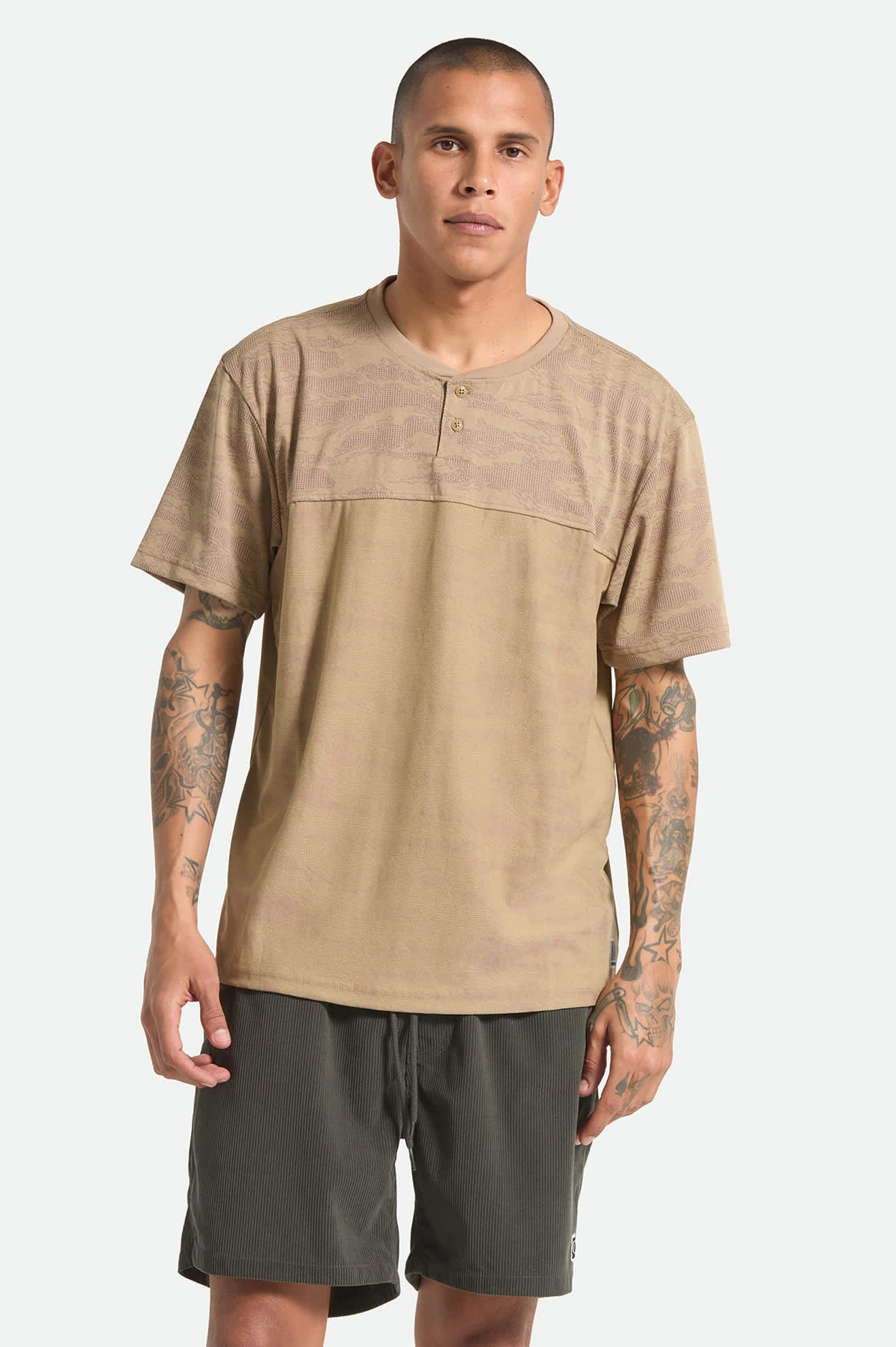 Men's Journey Short Sleeve Henley in the color Desert Tiger Camo - Men's Front View