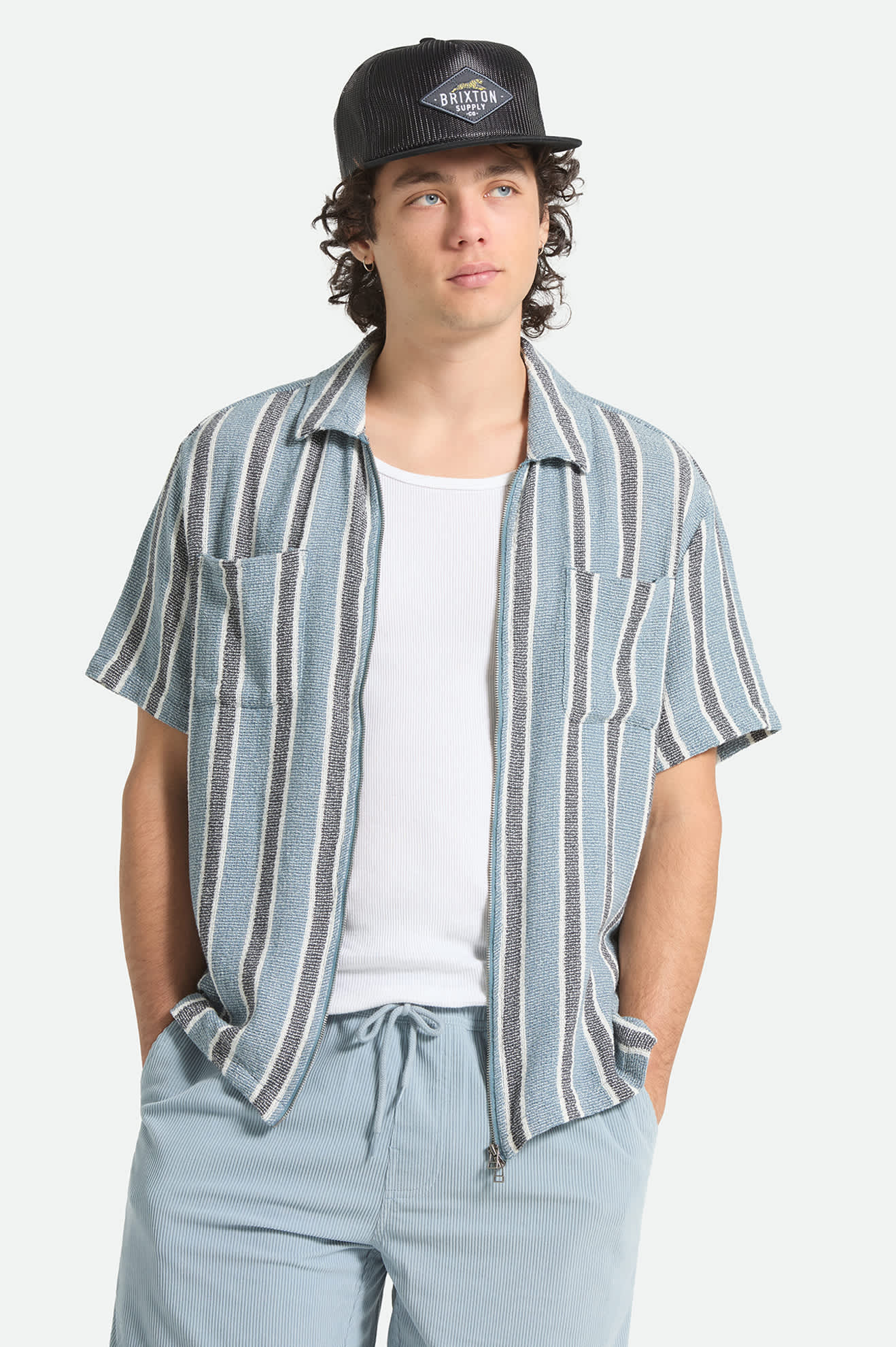 Men's The Dexter Textured Stripe Short Sleeve Shirt in the color Black/Dusty Blue - Men's Front View