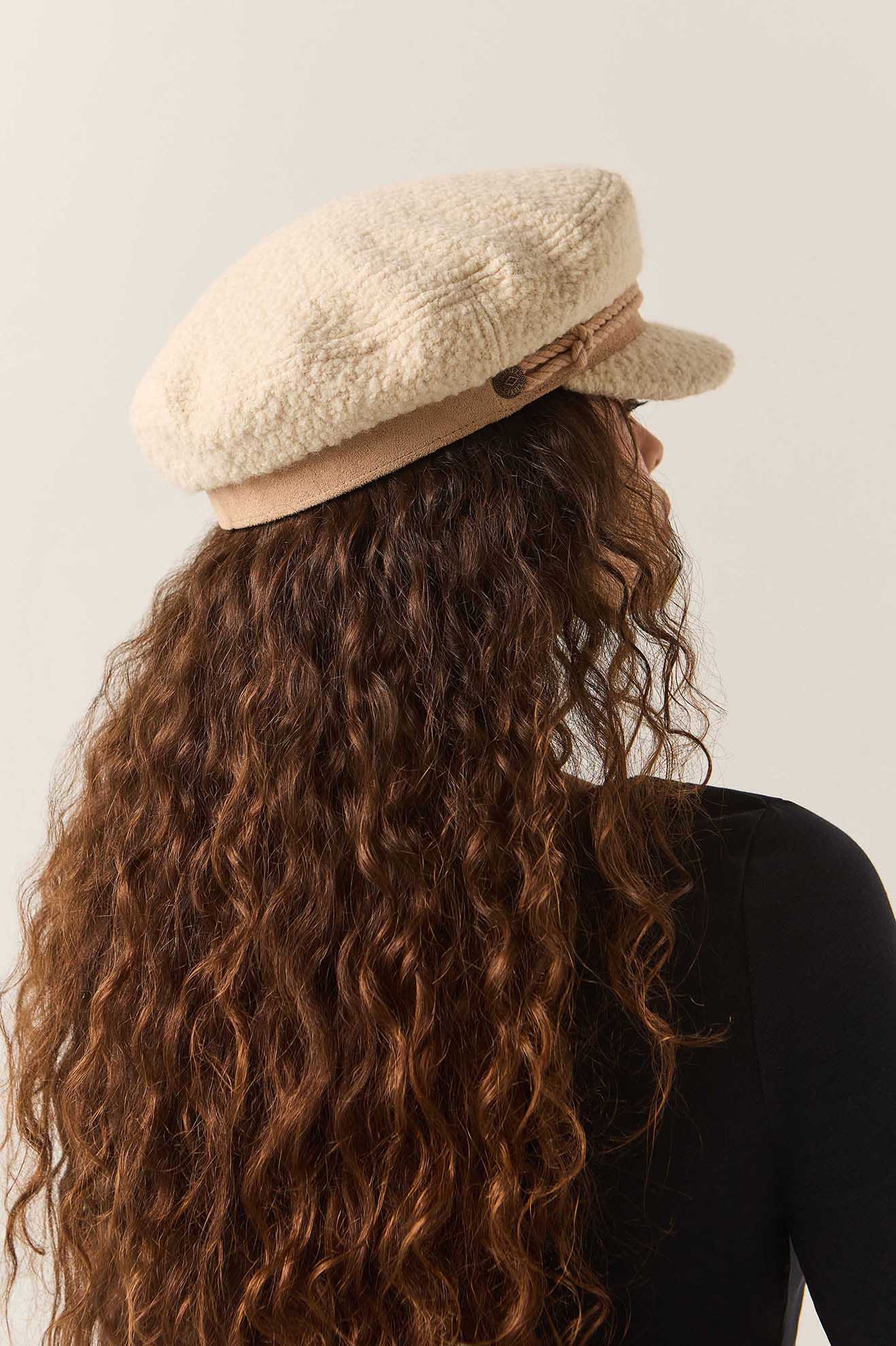 Unisex Fiddler Fisherman Cap in the color Natural Sherpa/Faux Suede - Women's Back View