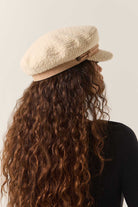 Unisex Fiddler Fisherman Cap in the color Natural Sherpa/Faux Suede - Women's Back View
