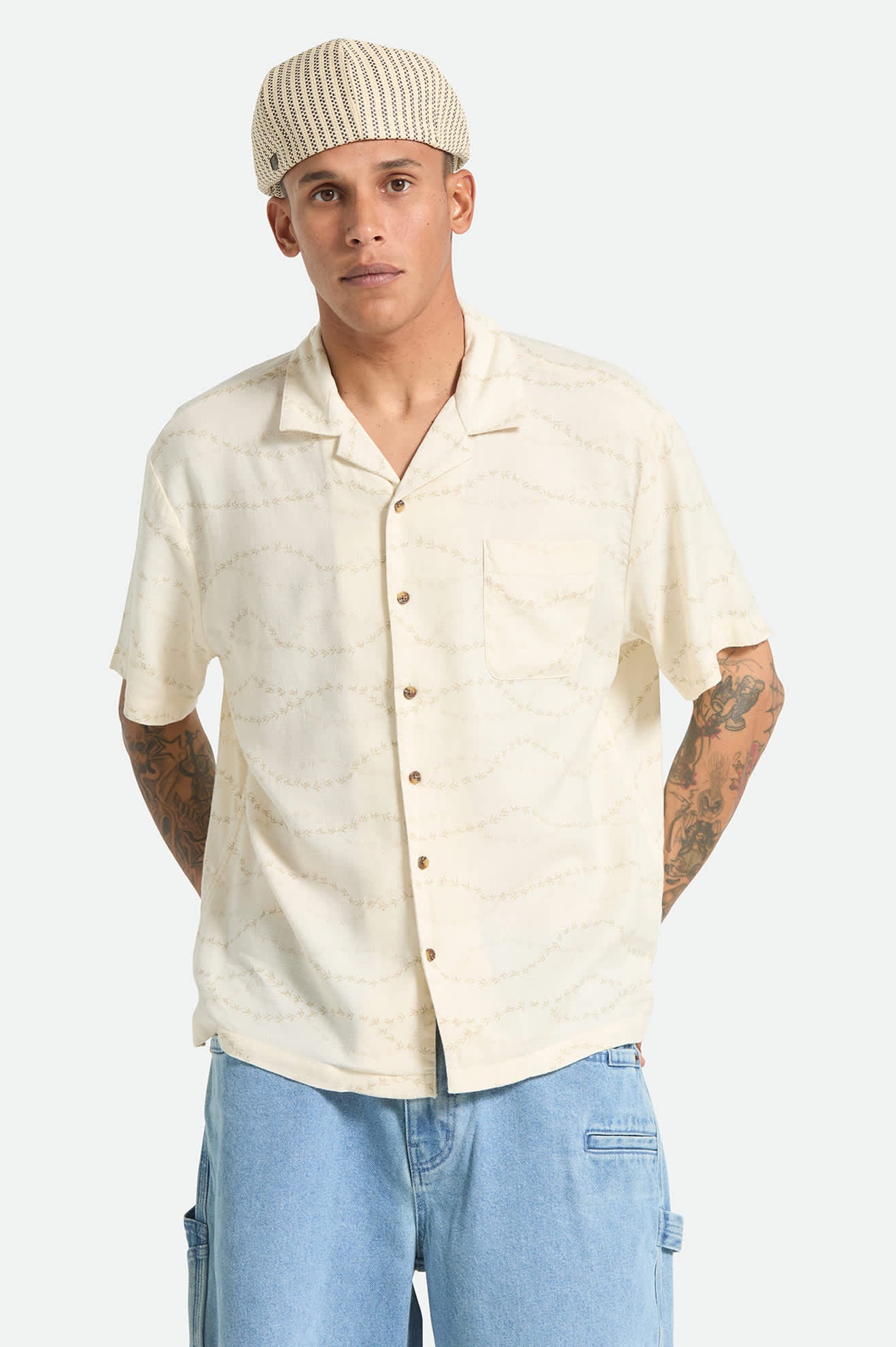 Men's Bunker Slub Short Sleeve Shirt in the color Whitecap/Black Swallows - Men's Front View