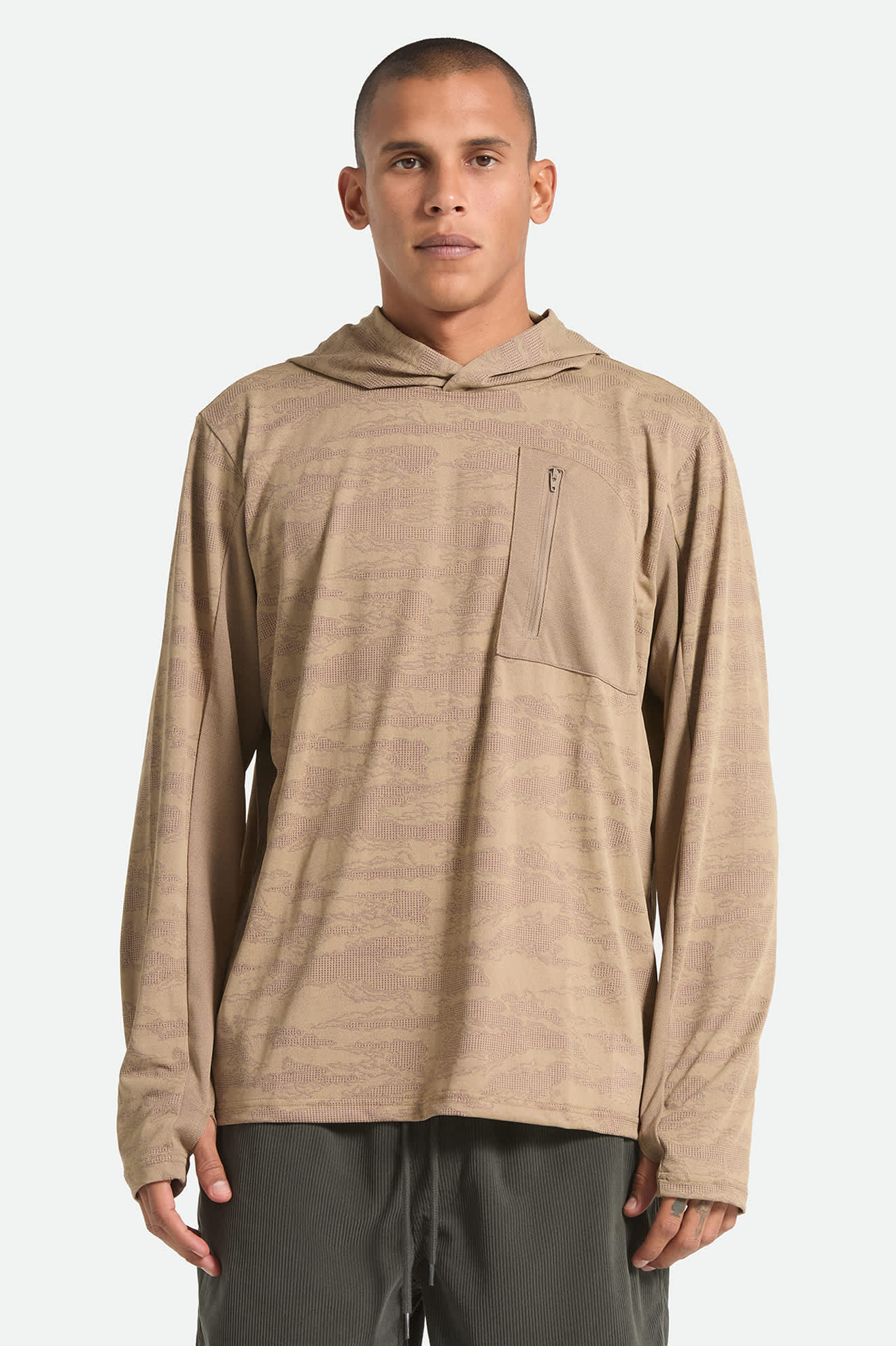 Men's Journey Long Sleeve Sun Hoodie in the color Desert Tiger Camo - Men's Front View