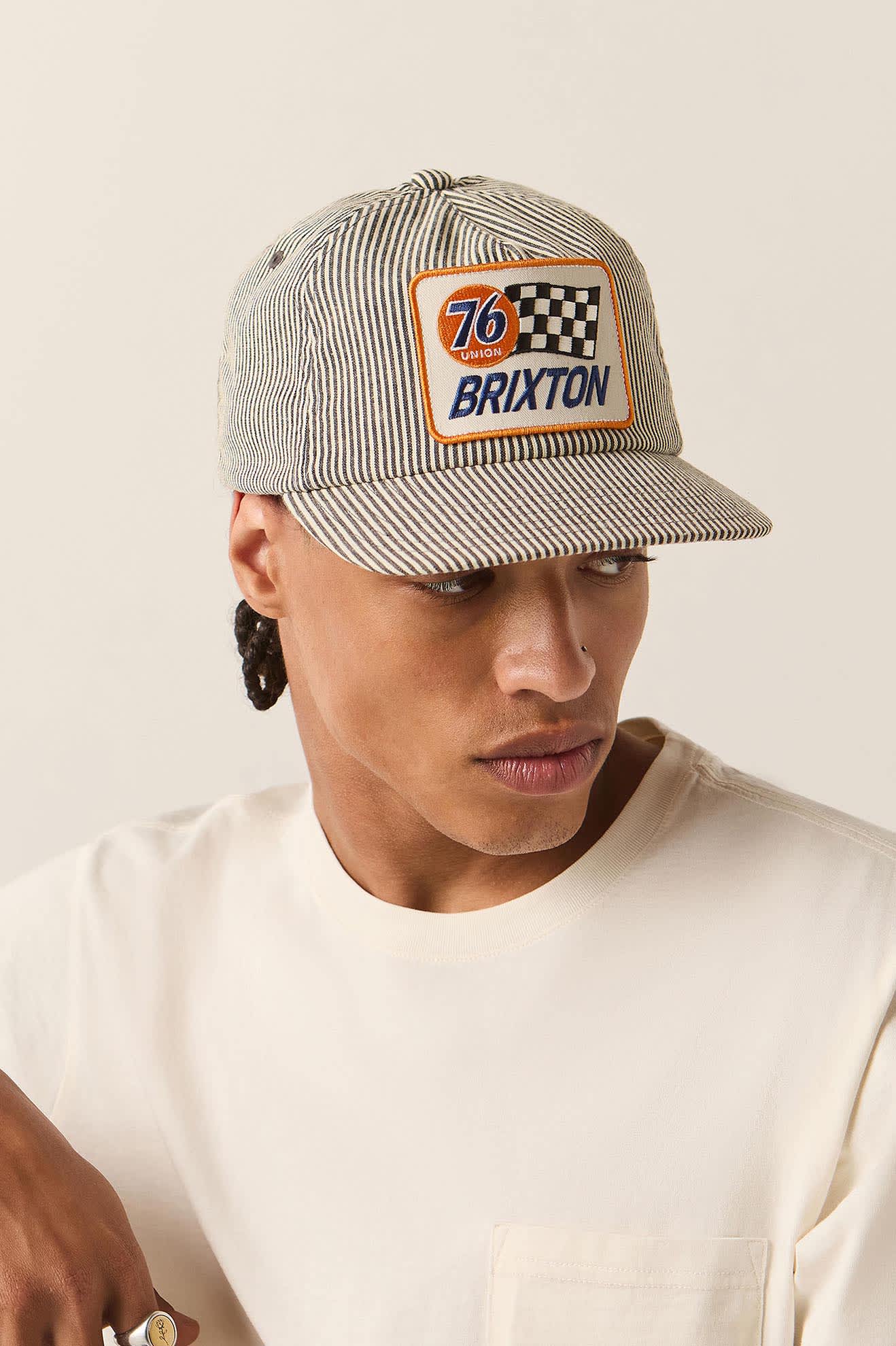 Unisex 76 Finish Line Snapback in the color Navy/Off White Hickory Stripe - Additional Fit image