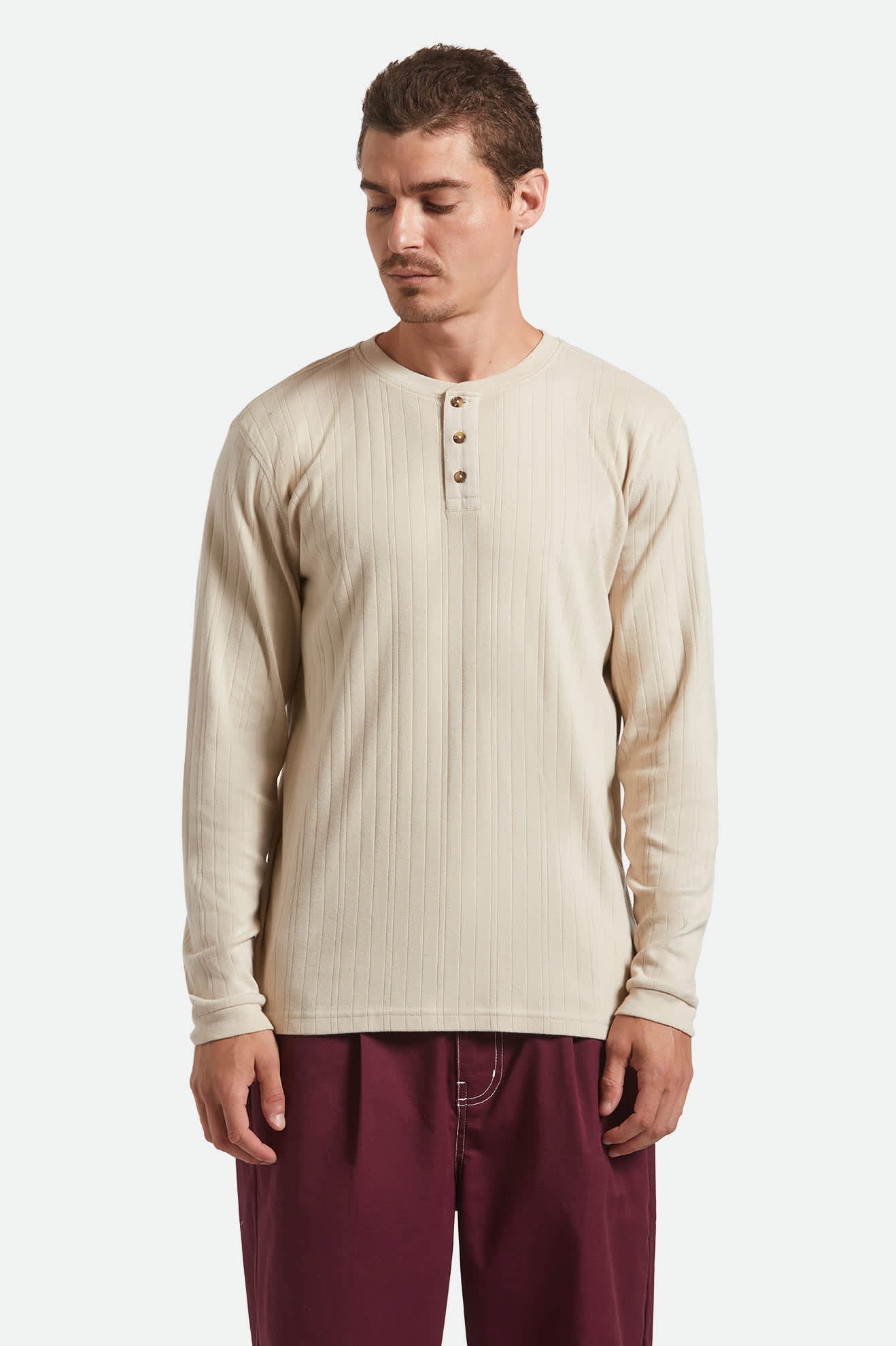Men's Vintage Ribbed L/S Henley in the color Beige - Men's Front View