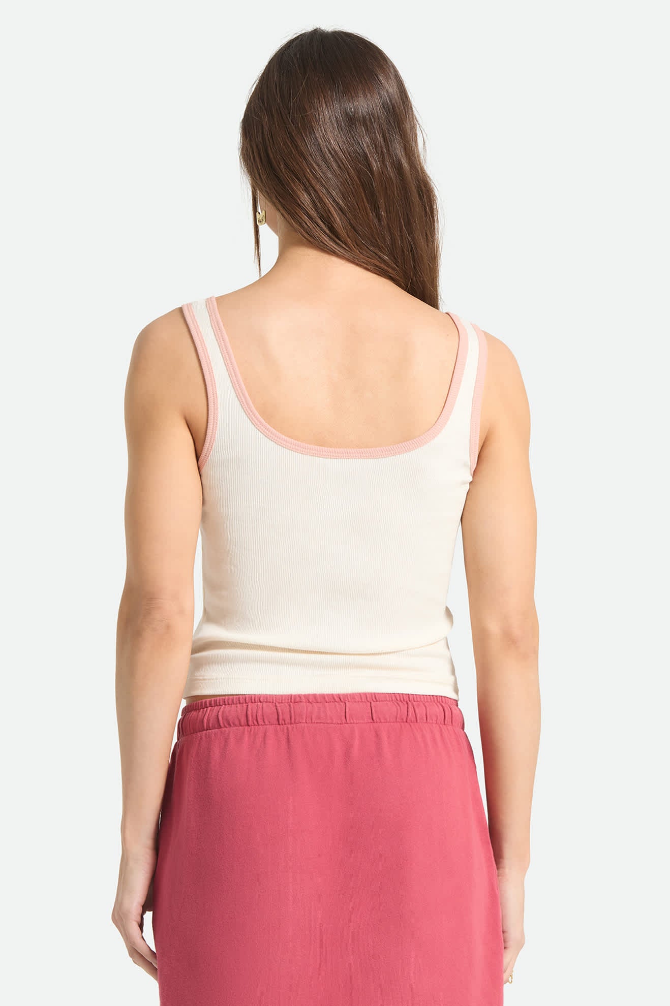 Women's Ringer Organic A-Tank in the color Off White/Silver Pink - Women's Back View