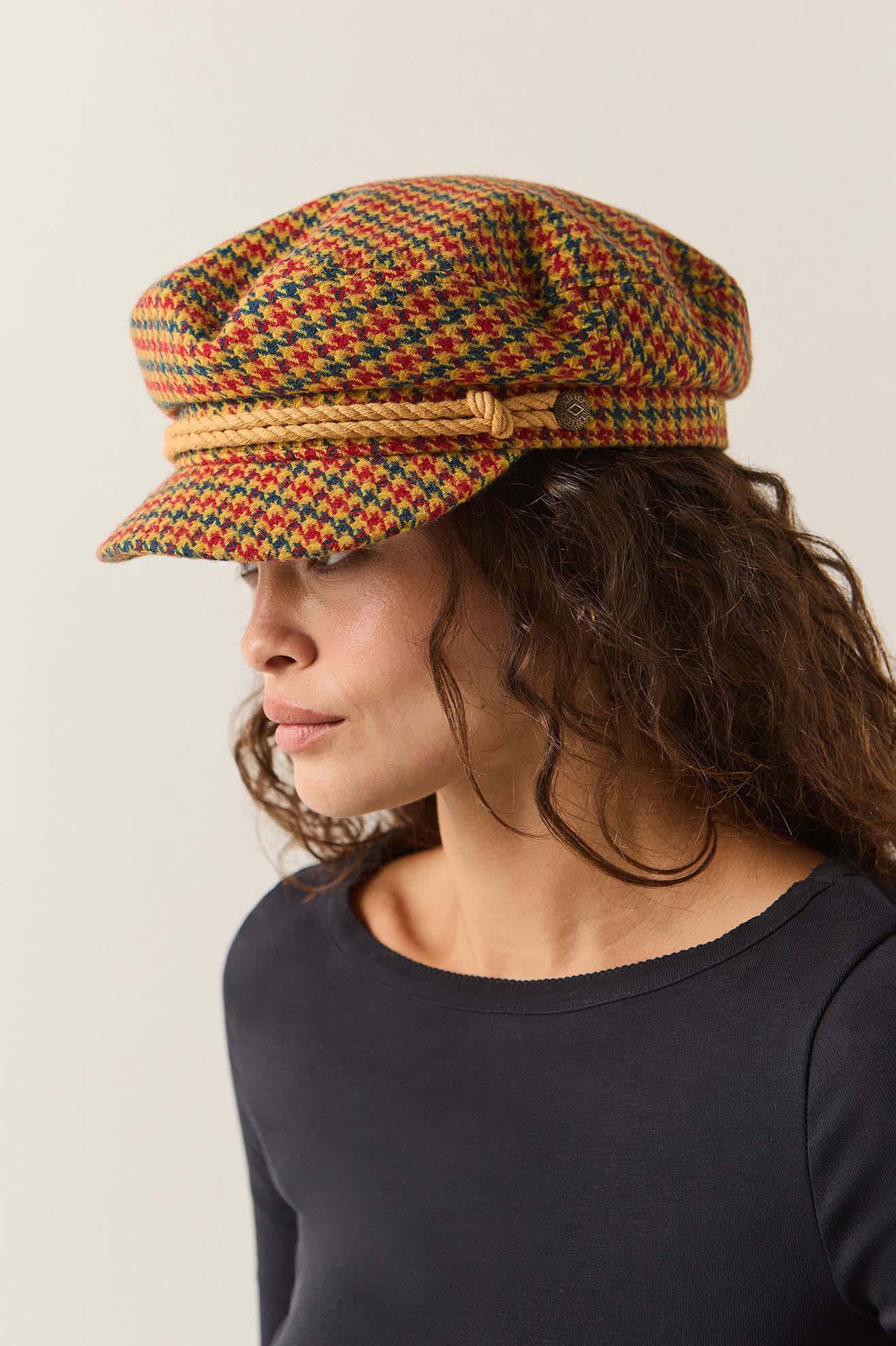 Unisex Fiddler Fisherman Cap in the color Taupe/Orange/Royal - Women's Side View