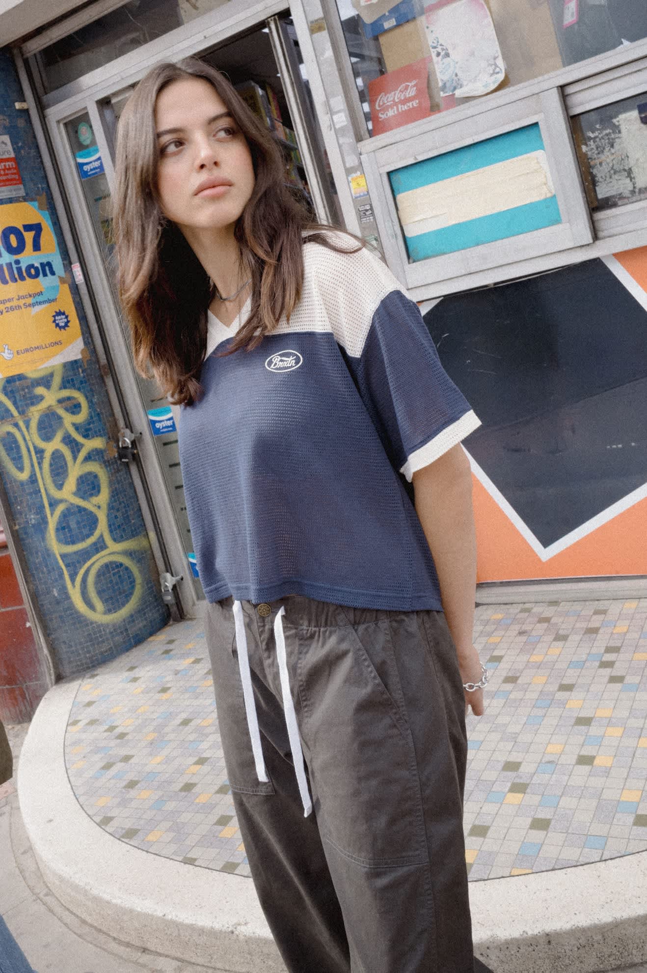 Women's Varsity Mesh T-Shirt in the color Off White/Washed Navy - Women's Lifestyle image