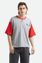 Men's Boxy Short Sleeve Baseball T-Shirt in the color Heather Grey/Adrenaline Rush - Men's Front View