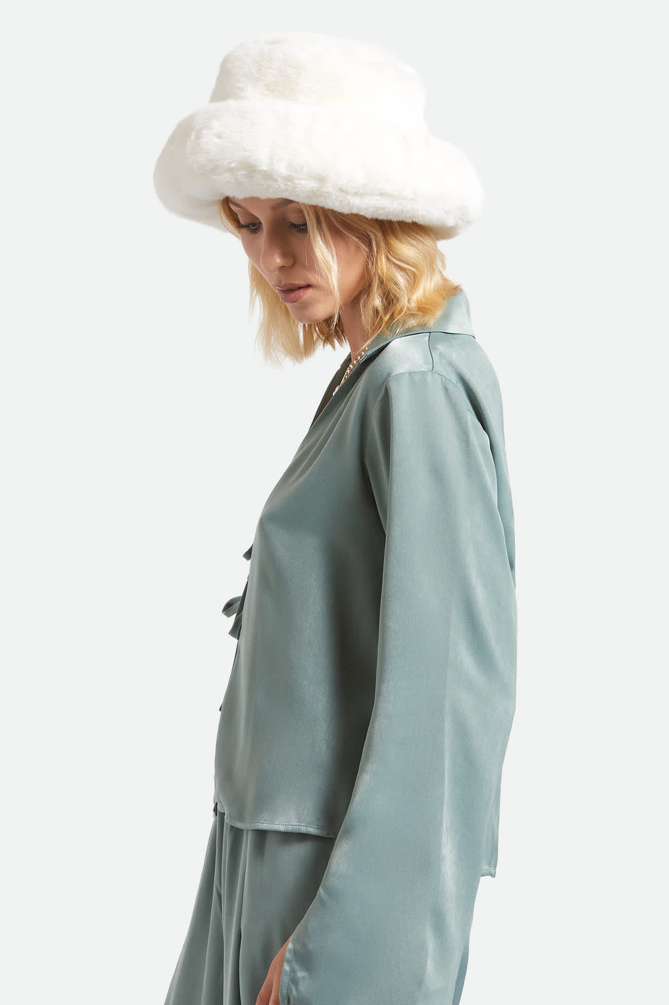 Women's Dion Packable Winter Bucket Hat in the color Off White - Women's Side View