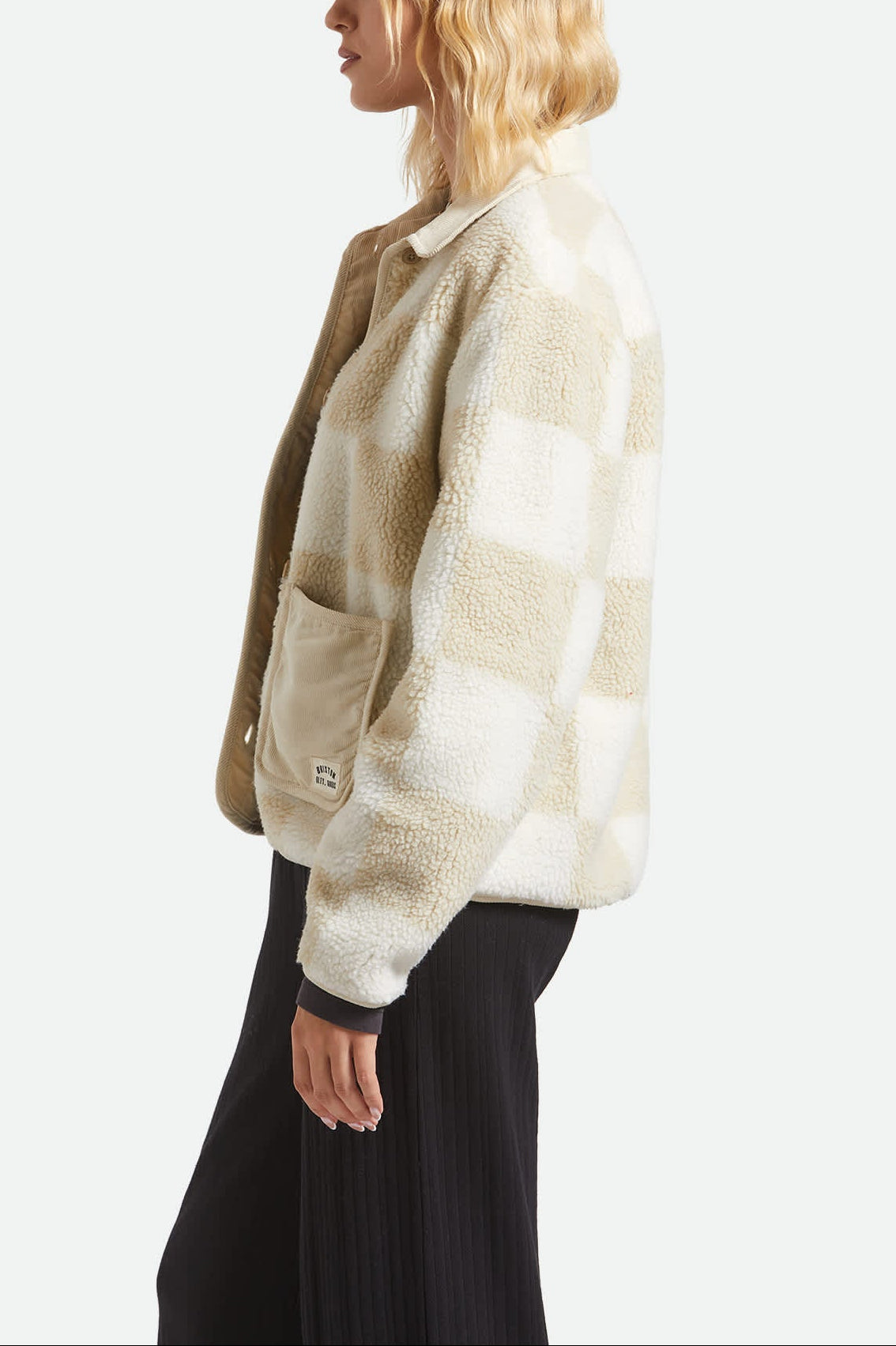 Women's Delilah Sherpa Jacket in the color White/Natural Finish Line Checker - Women's Side View
