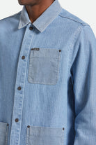 Men's Herringbone Lightweight Chore Coat in the color Light Wash Denim Herringbone - Additional Fit image