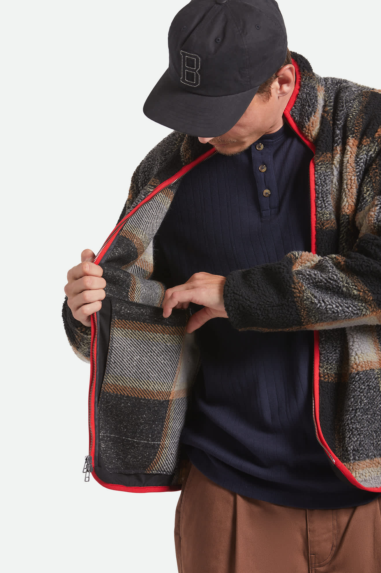 Men's Buffalo Plaid Sherpa Full Zip in the color Black/Cream - Additional Fit image