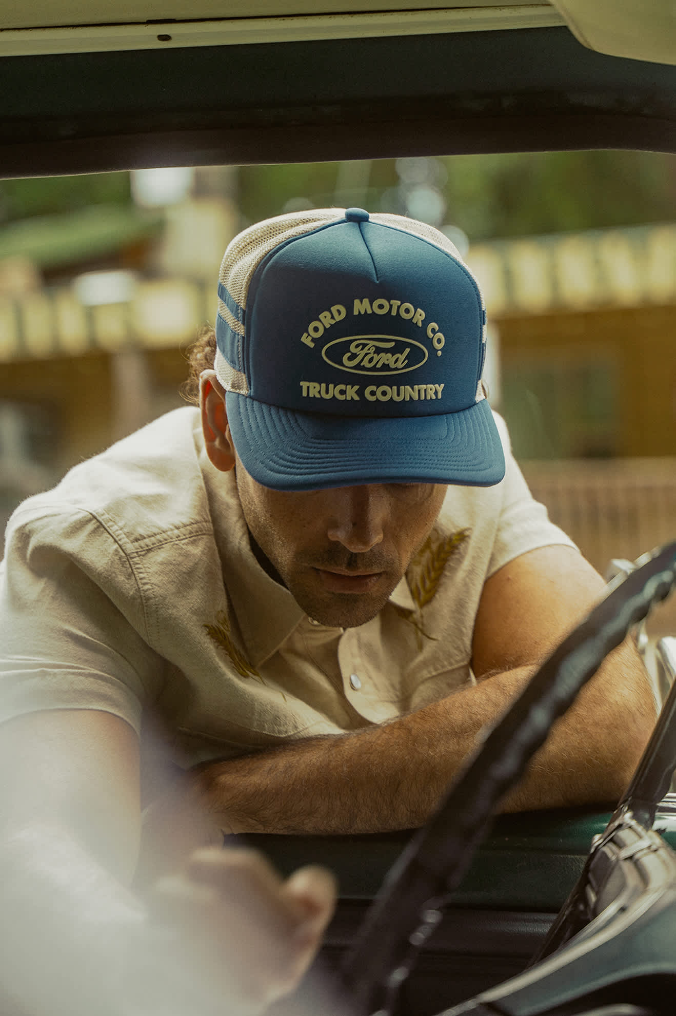 Unisex Ford Built Tough Trucker Hat in the color Ford Blue/Wimbledon White - Men's Lifestyle image