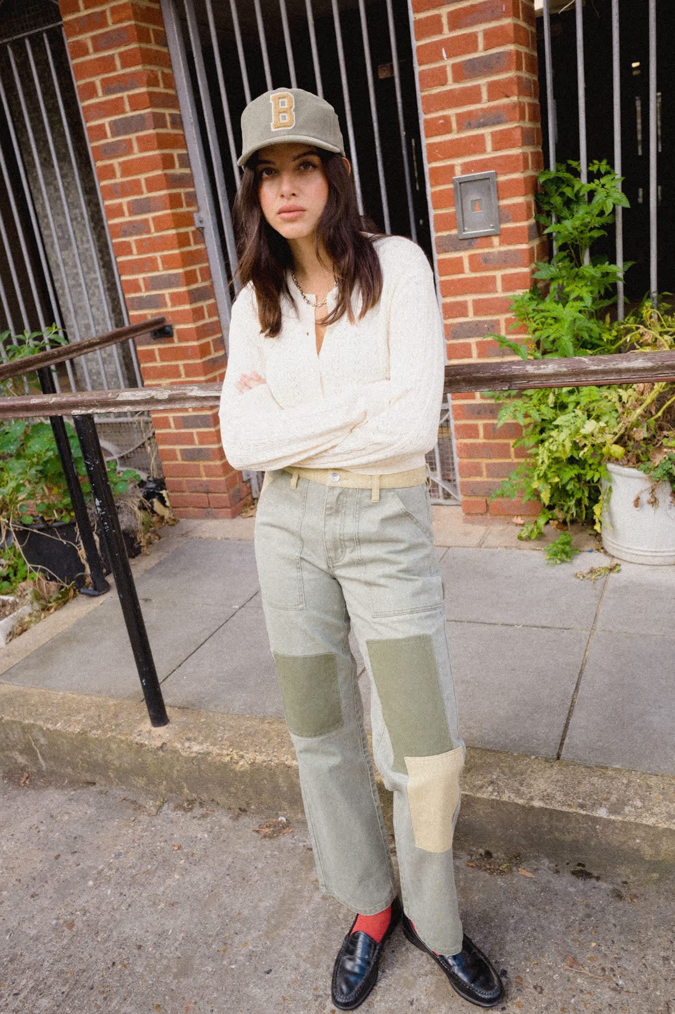 Women's Essex Patchwork Painter Pant in the color Vintage Olive Patchwork - Women's Lifestyle image