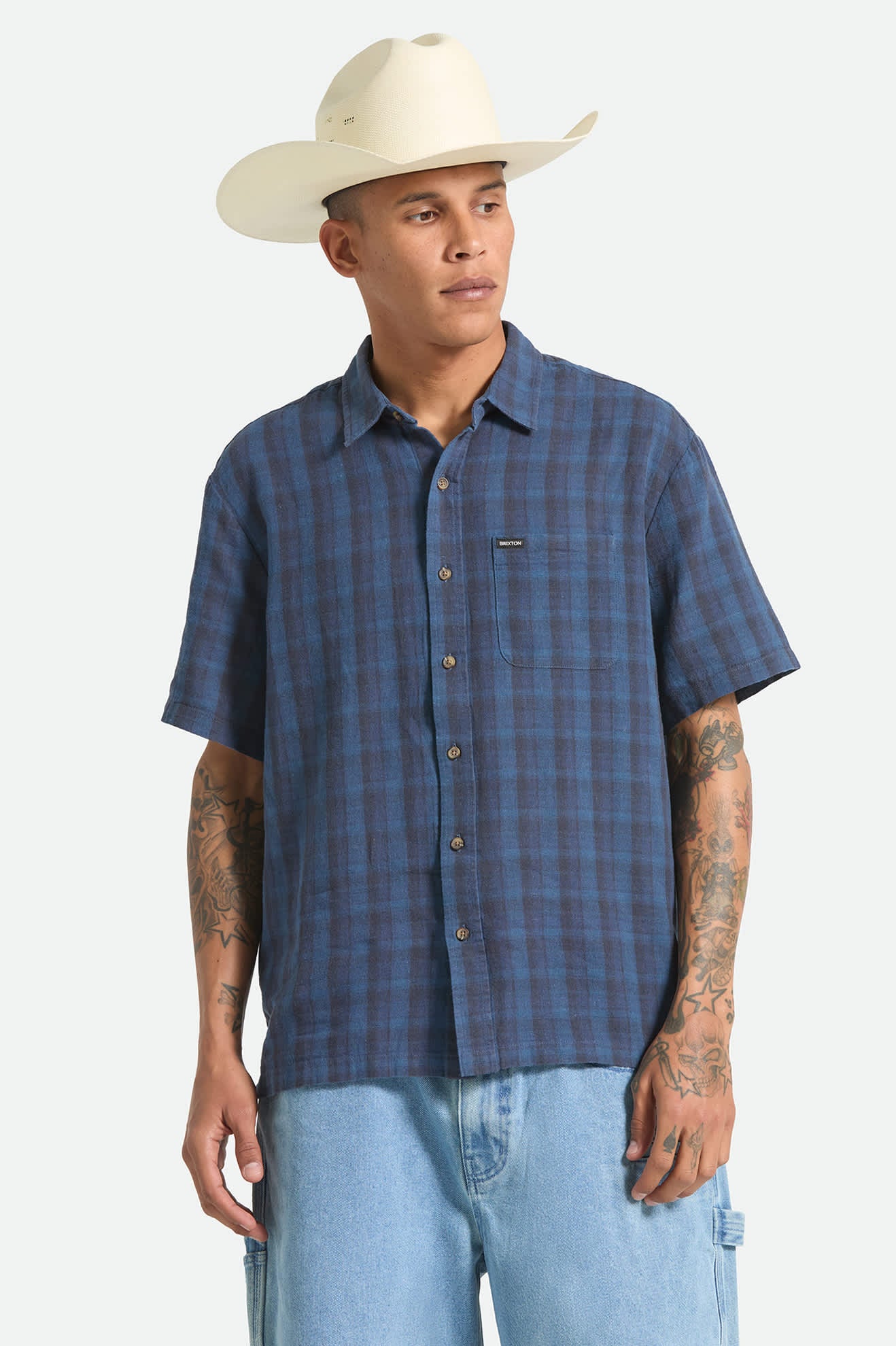 Men's Cru Linen Blend Plaid Short Sleeve Shirt in the color Dark Blue/Black Plaid - Men's Front View