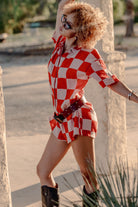 Women's The Getaway Romper in the color Silver Pink/Adrenaline Rush Checkerboard - Women's Lifestyle image