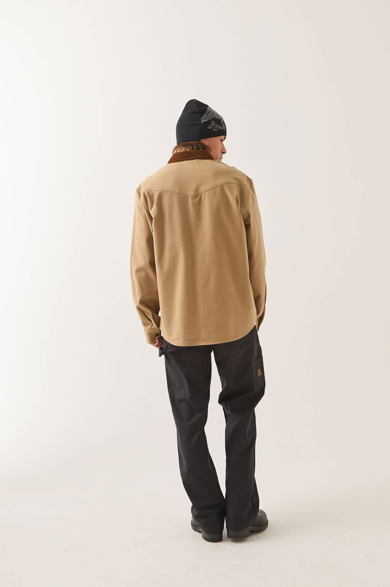 Men's Bowery Builders Ranch Performance Flannel in the color Khaki/Brown - Men's Back View
