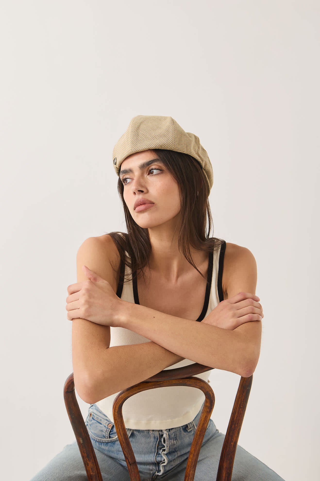 Unisex Hooligan Flat Cap in the color Khaki Stripe/Washed Black - Women's Side View