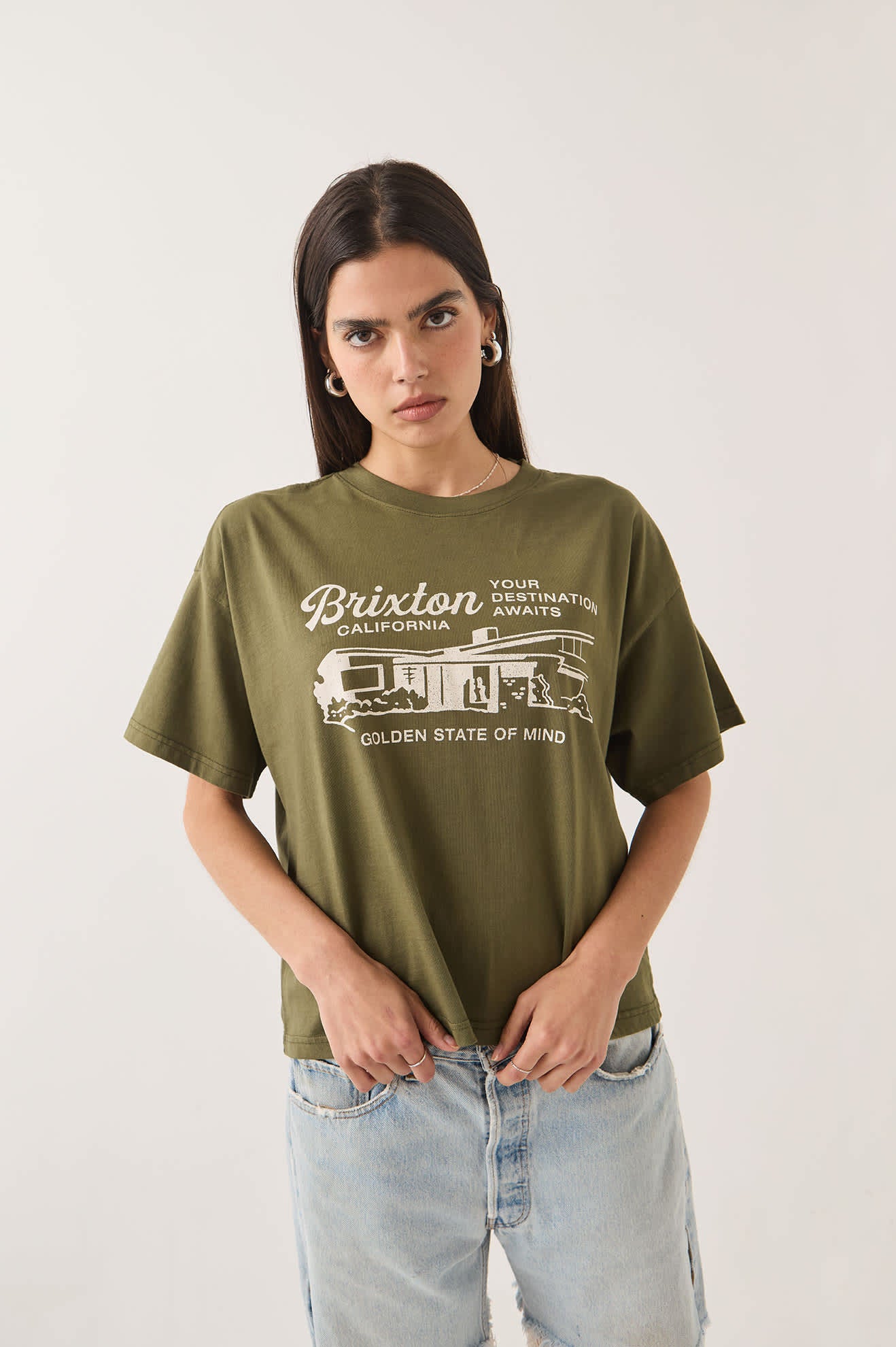 Women's Your Destination Awaits Boxy Crop Top in the color Dark Olive - Additional Fit image