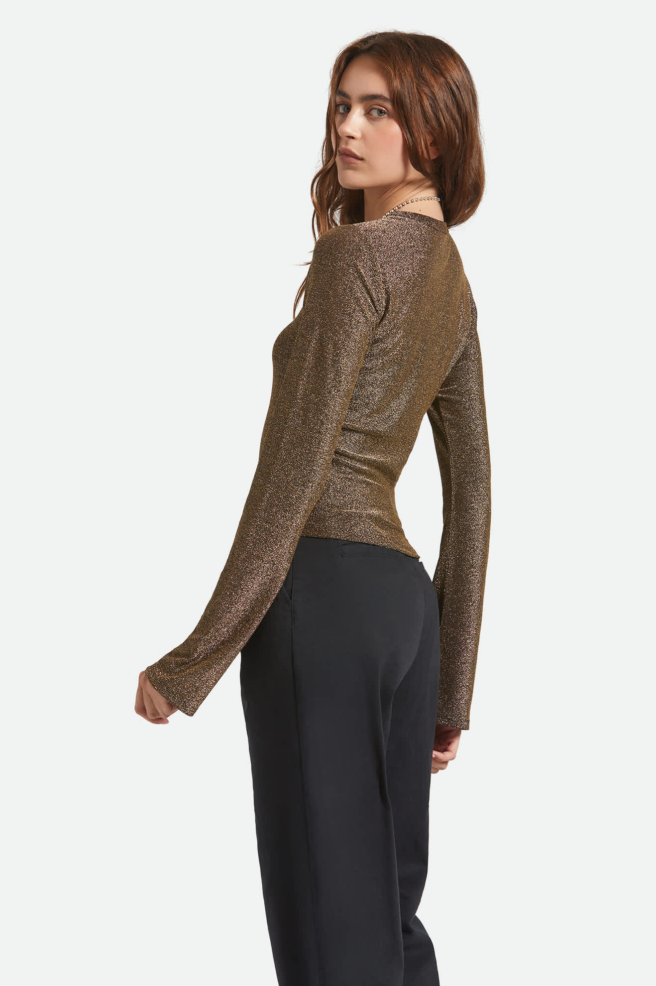 Women's Dolly Slim L/S Knit T-Shirt in the color Gold Metallic - Women's Back View