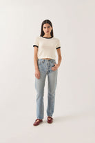 Women's Carefree Organic Garment Dye Ringer T-Shirt in the color Off White/Black - Women's Front View