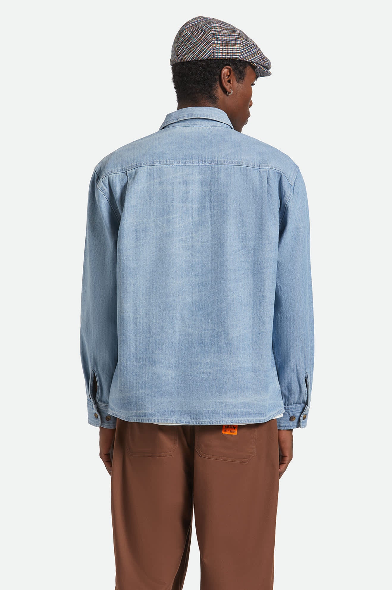 Men's Herringbone Relaxed L/S Overshirt in the color Light Wash Denim Herringbone - Men's Back View