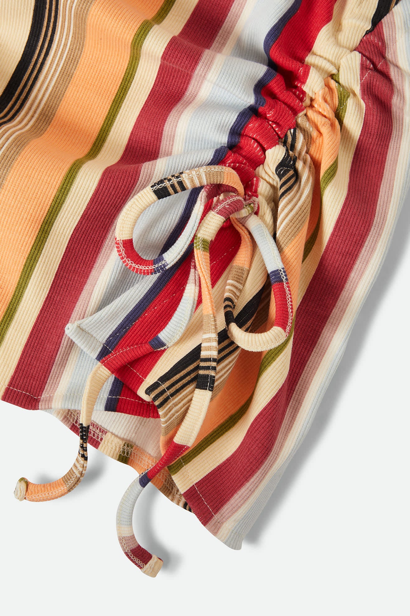 Women's Ribbed Cinch Mini Dress in the color Peach Cobbler Multi Stripe - Additional Laydown image