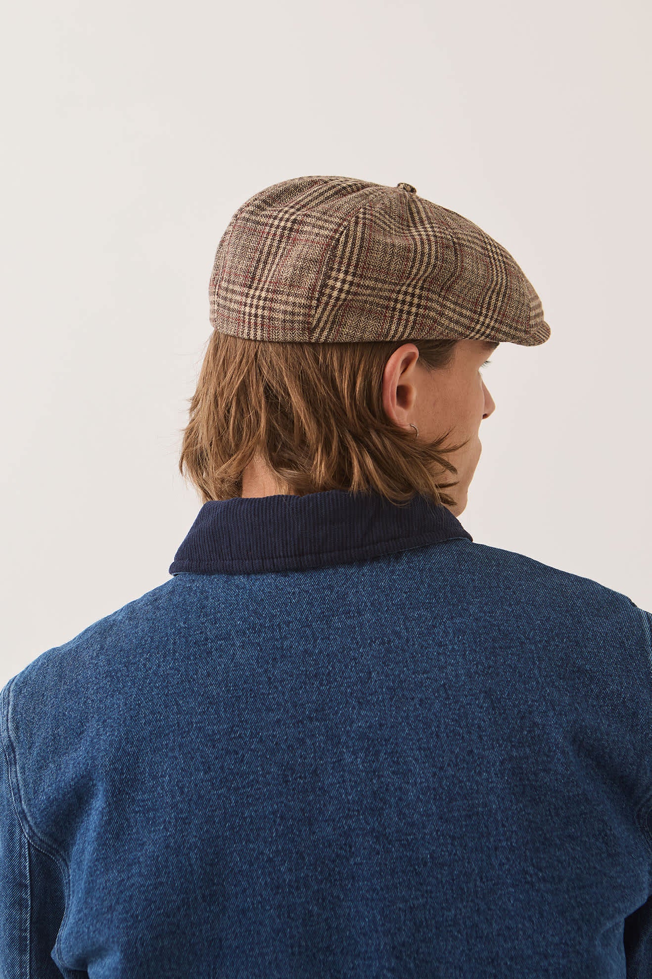 Unisex Brood Newsboy Cap in the color Brown/Tan/Red Plaid - Men's Back View