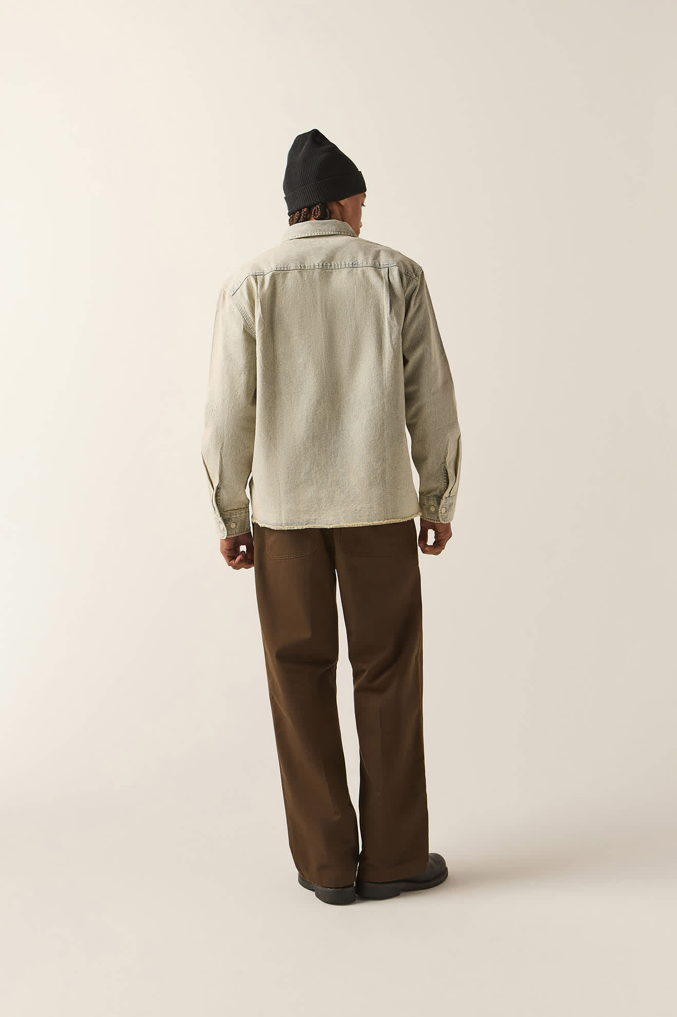 Men's 76 Mechanics Shirt in the color Navy/Off White Hickory Stripe - Men's Back View