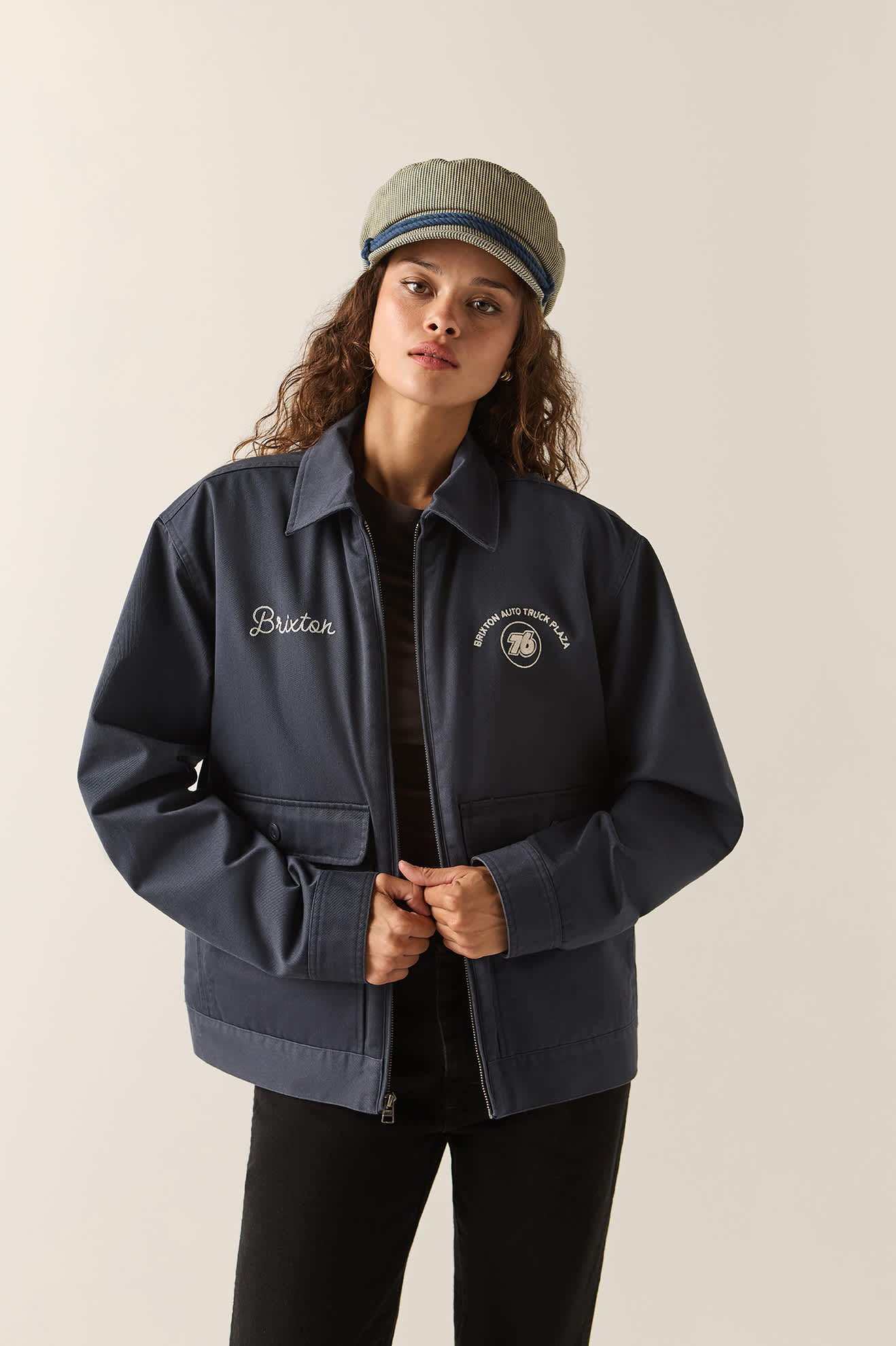 Men's 76 Mechanics Jacket in the color Washed Navy - Women's Front View