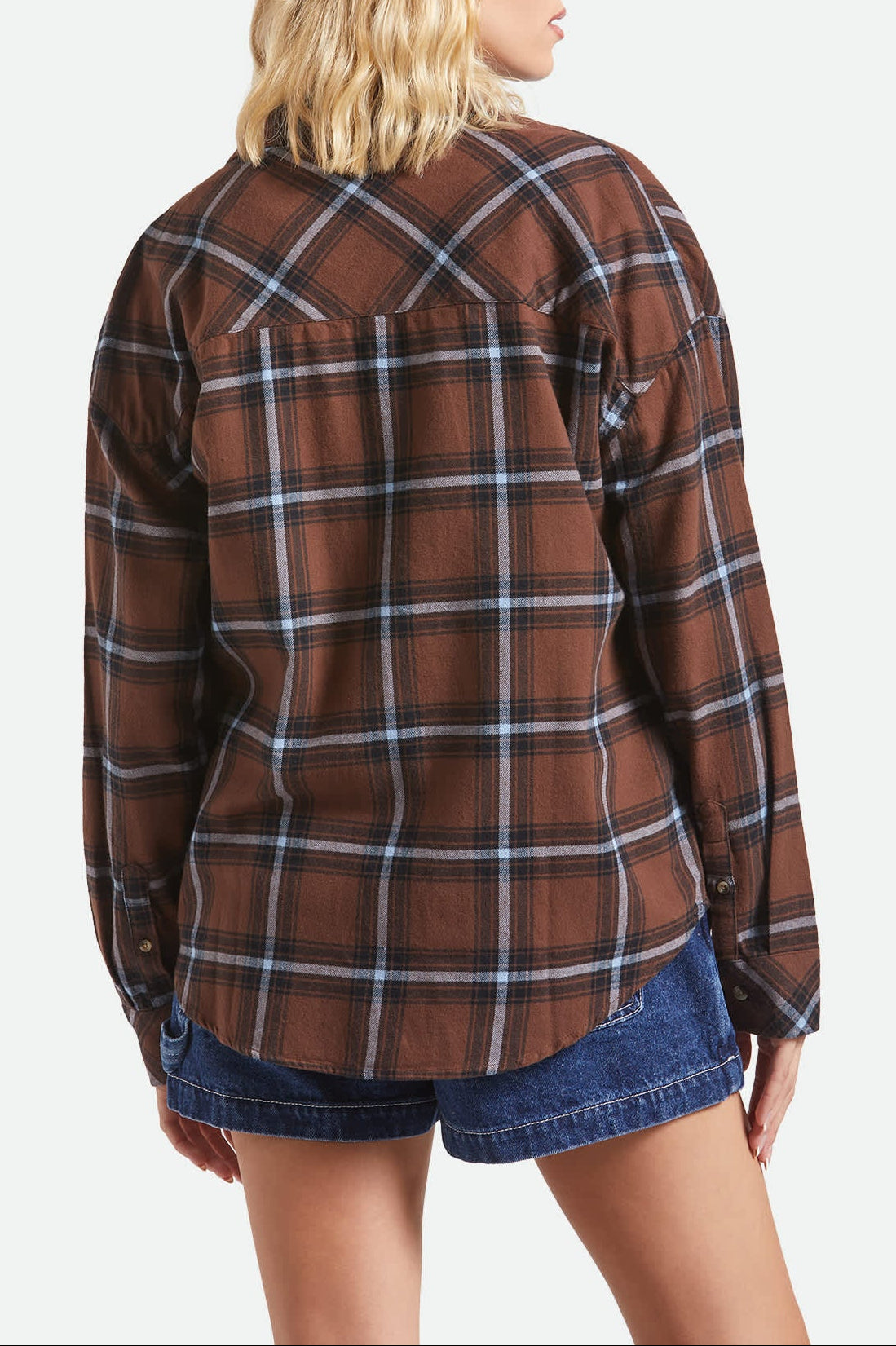 Women's Bowery Vintage Overshirt in the color Pinecone Brown/Black/Borrowed Blue - Women's Back View