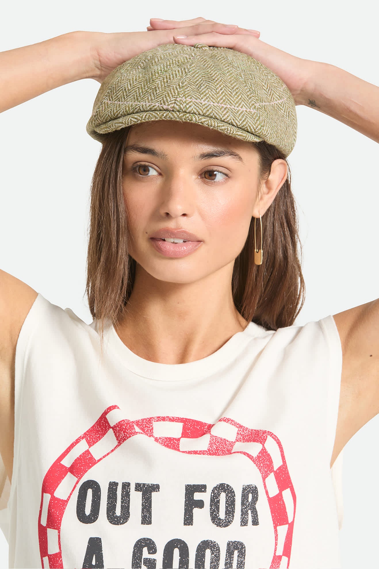 Women's Brood Lightweight Newsboy Cap in the color Sublime Green Houndstooth - Women's Front View