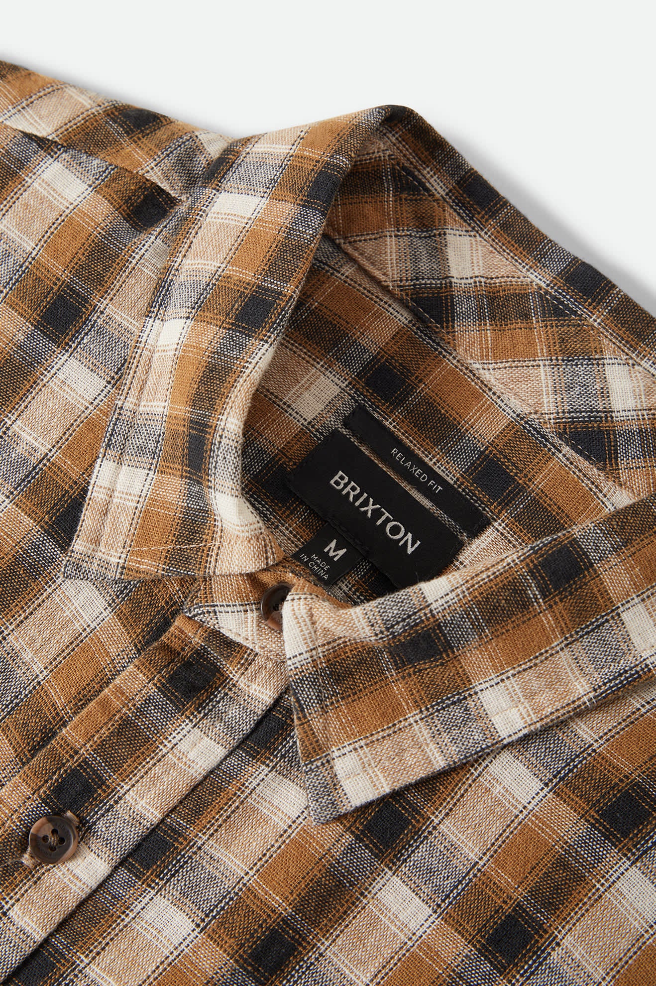 Men's Cru Linen Blend Plaid Short Sleeve Shirt in the color Black/Tobacco Plaid - Additional Laydown image