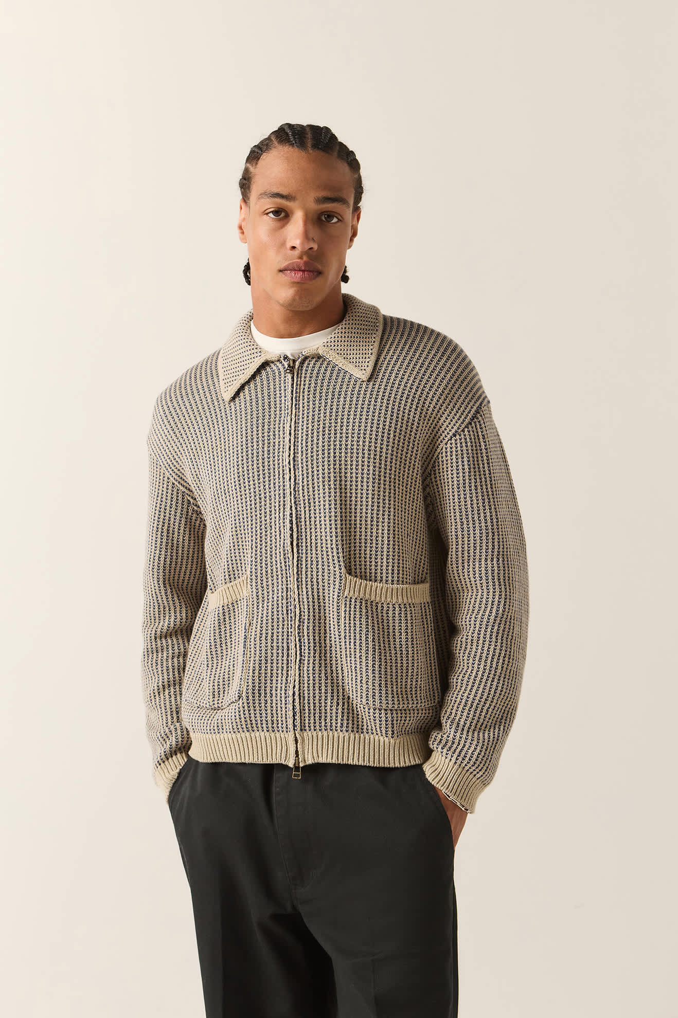 Unisex Pacific Zip Sweater in the color Navy/Whitecap - Men's Front View