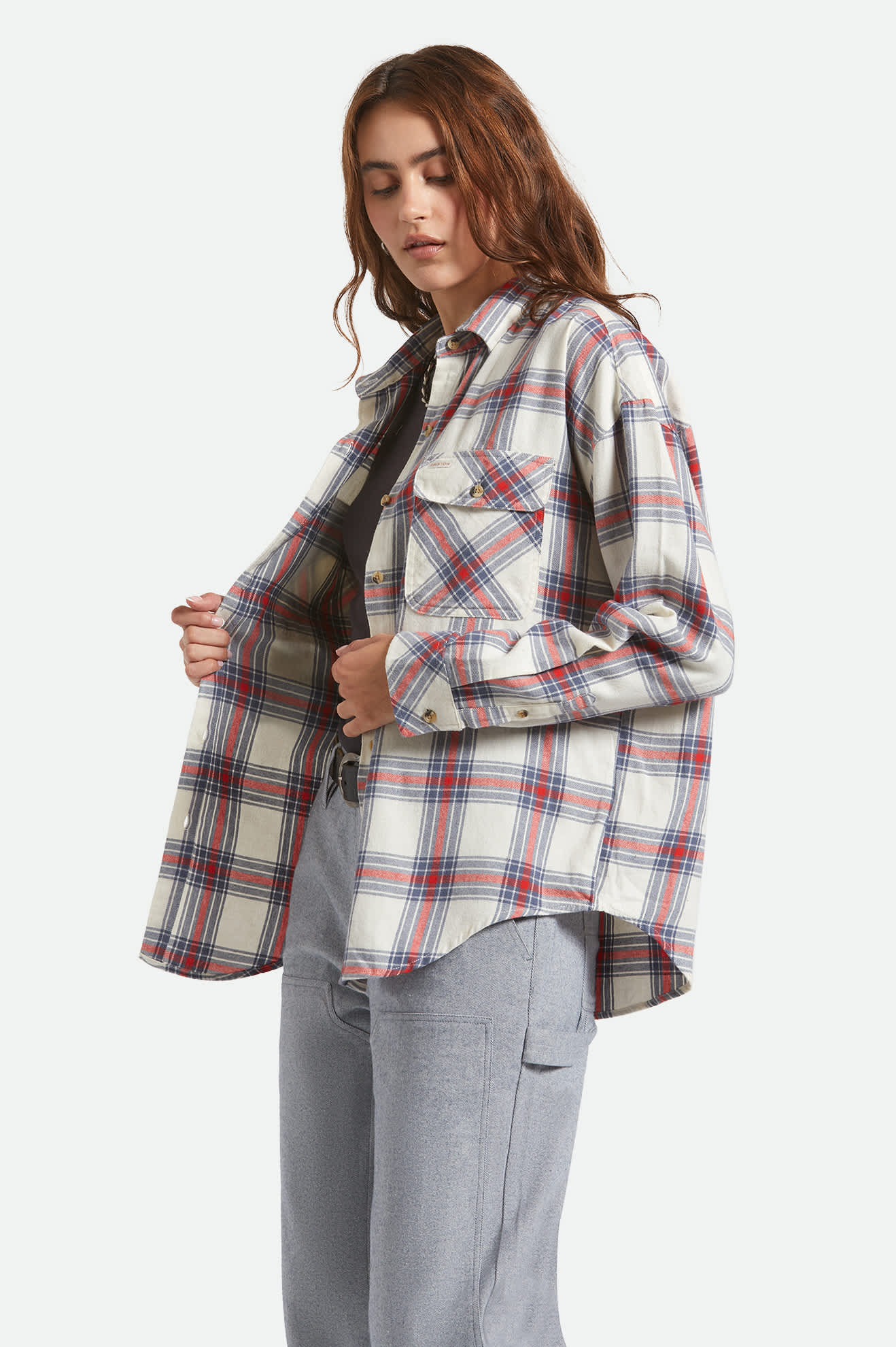 Women's Bowery Vintage Overshirt in the color Off White/Berring Sea/Red - Women's Side View