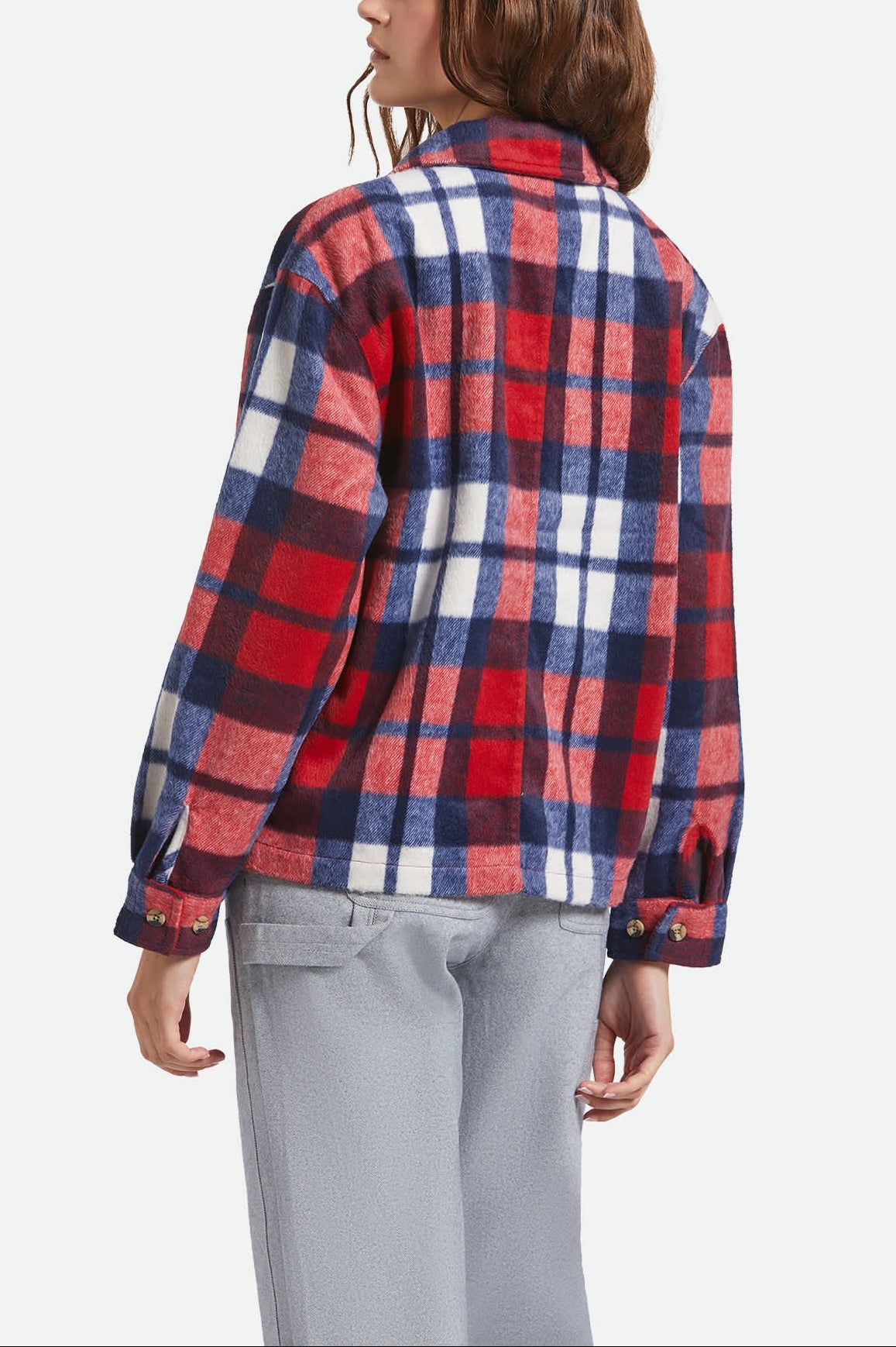 Women's Bowery Women's Soft Brushed Flannel in the color Adrenaline Rush/Navy - Women's Back View