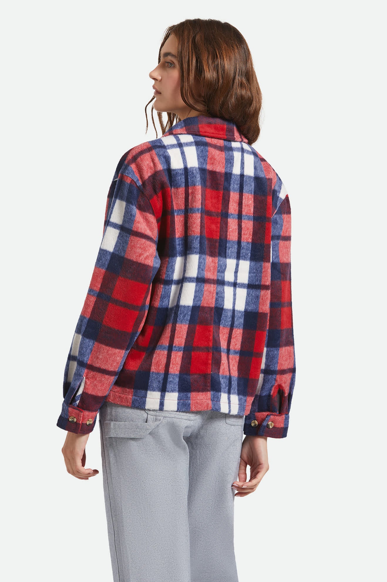 Women's Bowery Women's Soft Brushed Flannel in the color Adrenaline Rush/Navy - Women's Back View