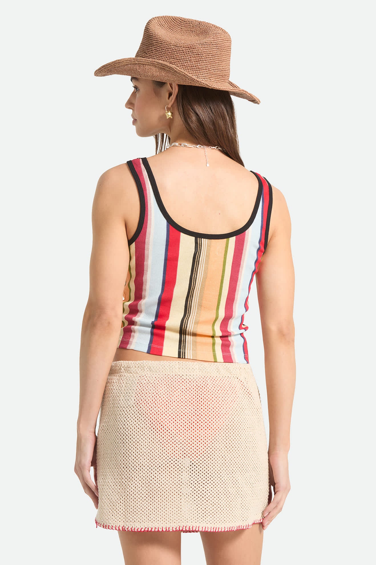 Women's Ringer Organic A-Tank in the color Peach Cobbler Multi Stripe - Women's Back View