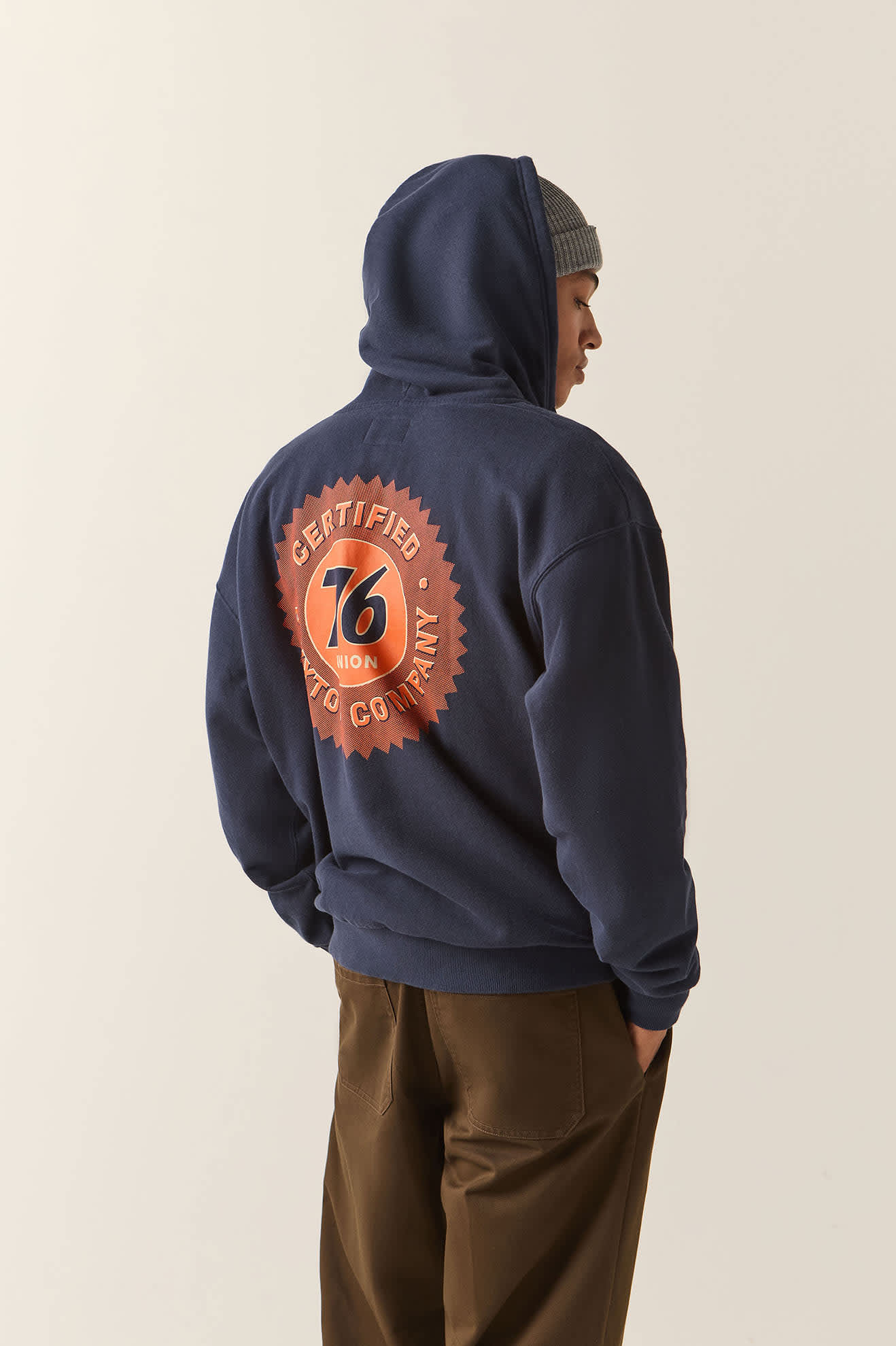 Men's 76 Certified Full Zip Hoodie in the color Washed Navy - Men's Side View