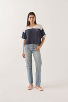 Women's Varsity Mesh T-Shirt in the color Off White/Washed Navy - Women's Front View