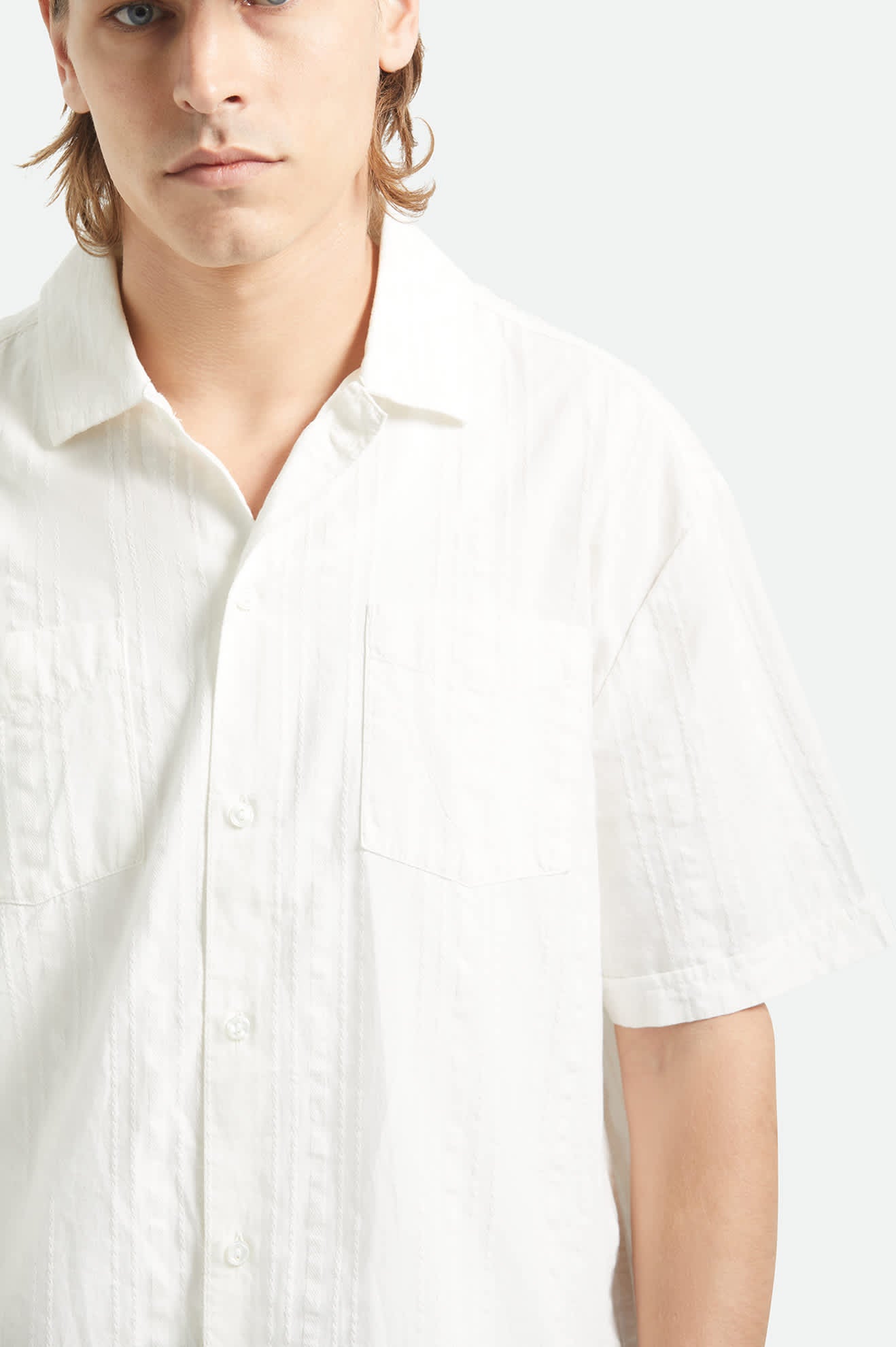 Men's Vintage Short Sleeve Shirt in the color Off White Jacquard Stripe - Additional Fit image